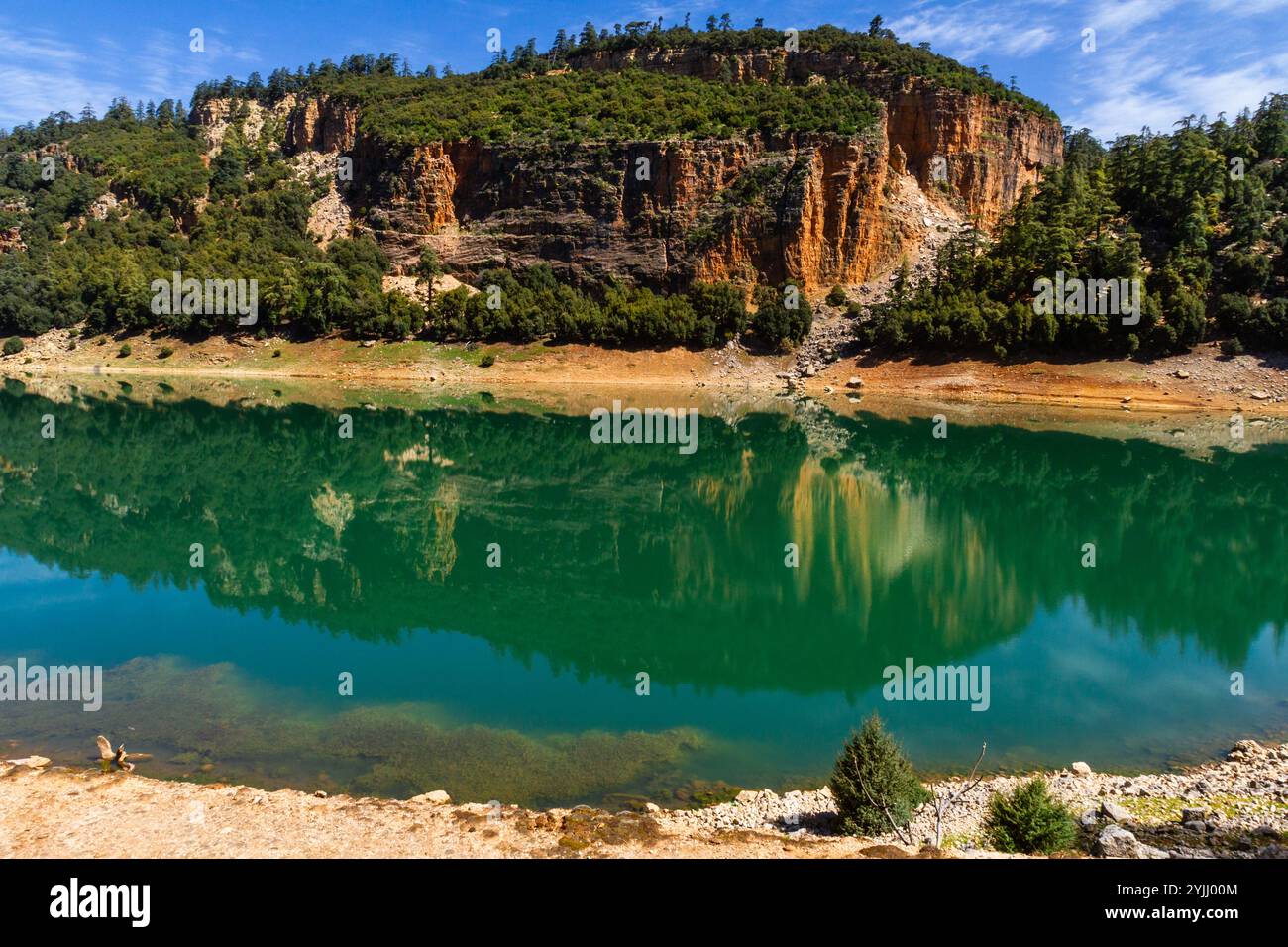 Der wunderschöne kristallklare Aguelmame Sidi Ali See. Khenifra-Nationalpark, Mittleres Atlasgebirge, Marokko Stockfoto