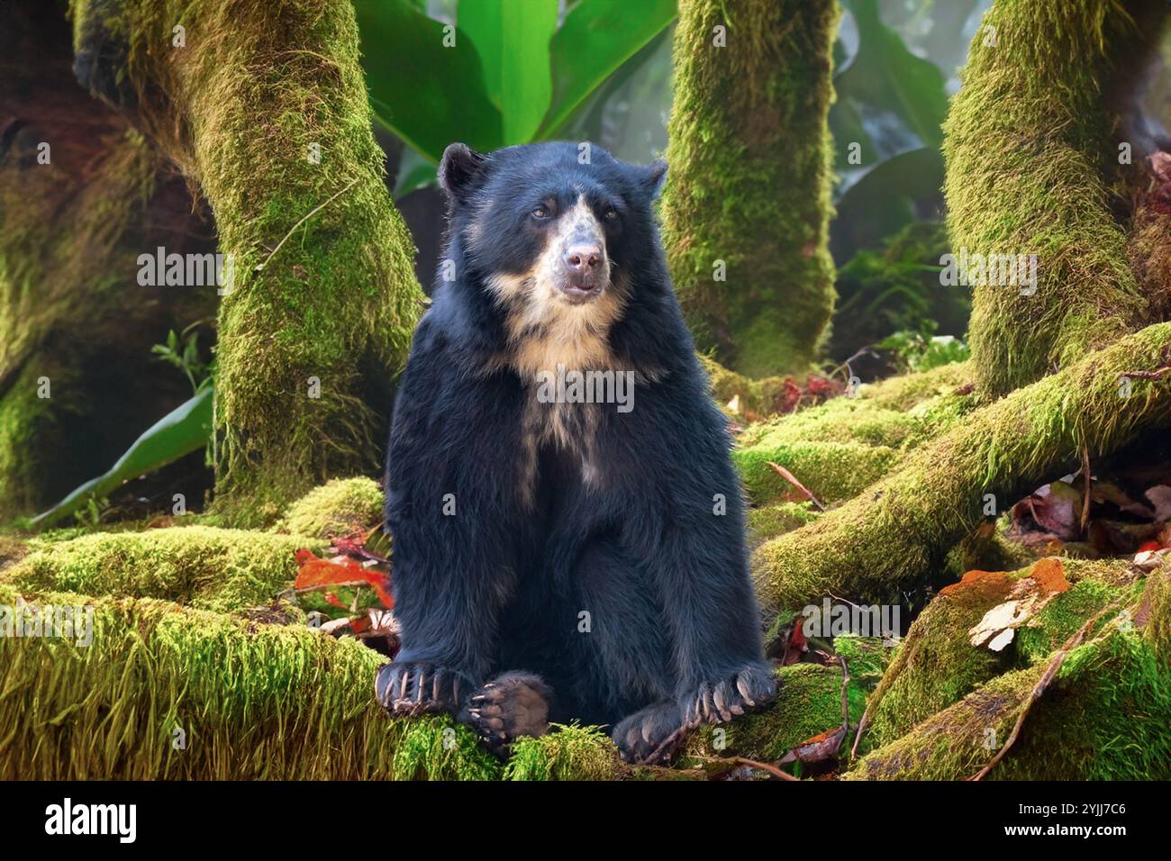 Brillenbär (Tremarctos ornatus) mit selektivem Fokus und Tiefenunschärfe. Stockfoto