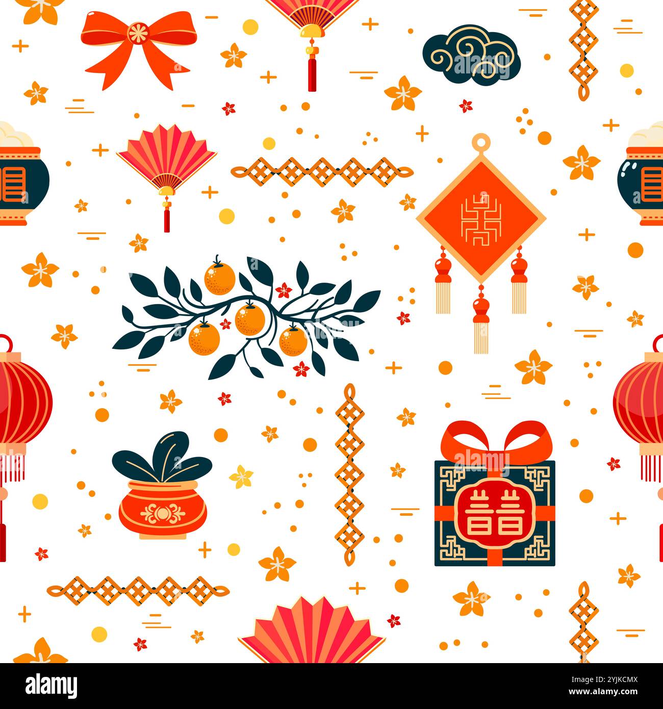 Vektor nahtlose Muster Feiertag Happy New Year Chinesische Laterne Topf mit nationalen Lebensmittel Fan Zimmerpflanze Geschenk Tangerine Illustration traditionelle asiatische Sym Stock Vektor
