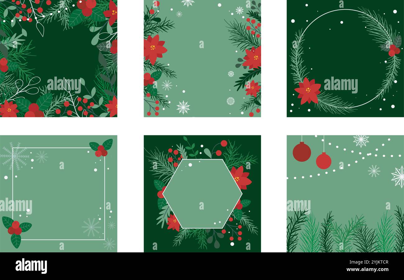 Set festlicher, winterlicher, quadratischer Vorlagen mit Kopierraum. Paket mit Beiträgen für soziale Medien. Weihnachtshintergründe mit Schneeflocken, Tannenzweigen, stechpalme, Stock Vektor