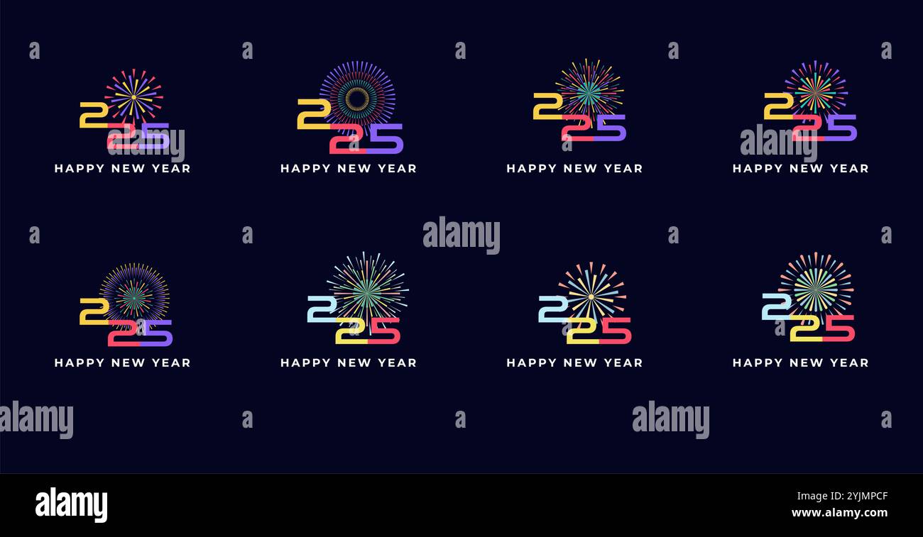 Kreatives Design Happy New Year 2025 mit farbenfrohem Feuerwerk. Trendige Designvorlage für das neue Jahr 2025. Stock Vektor