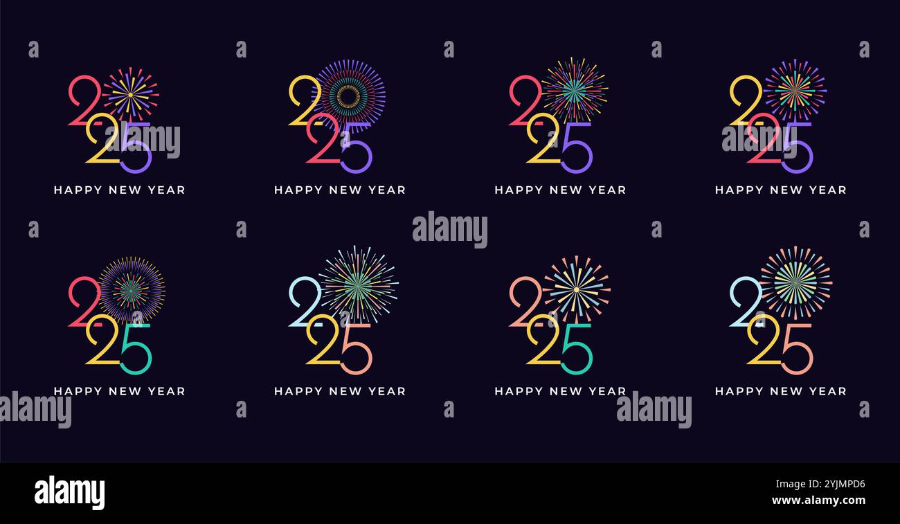 Kreatives Design Happy New Year 2025 mit farbenfrohem Feuerwerk. Trendige Designvorlage für das neue Jahr 2025. Stock Vektor
