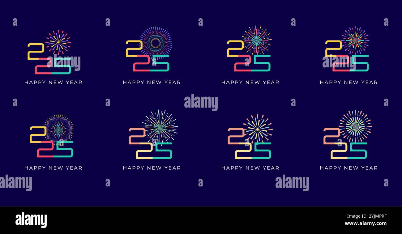 Kreatives Design Happy New Year 2025 mit farbenfrohem Feuerwerk. Trendige Designvorlage für das neue Jahr 2025. Stock Vektor