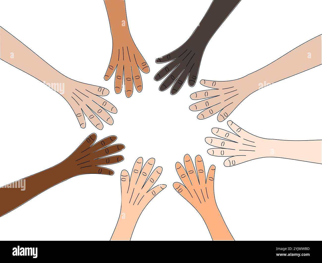 Eine visuelle Darstellung verschiedener Hände, die sich in einem Kreis zusammenfinden, Zusammenarbeit, die Einheit und Integration symbolisiert. Stock Vektor