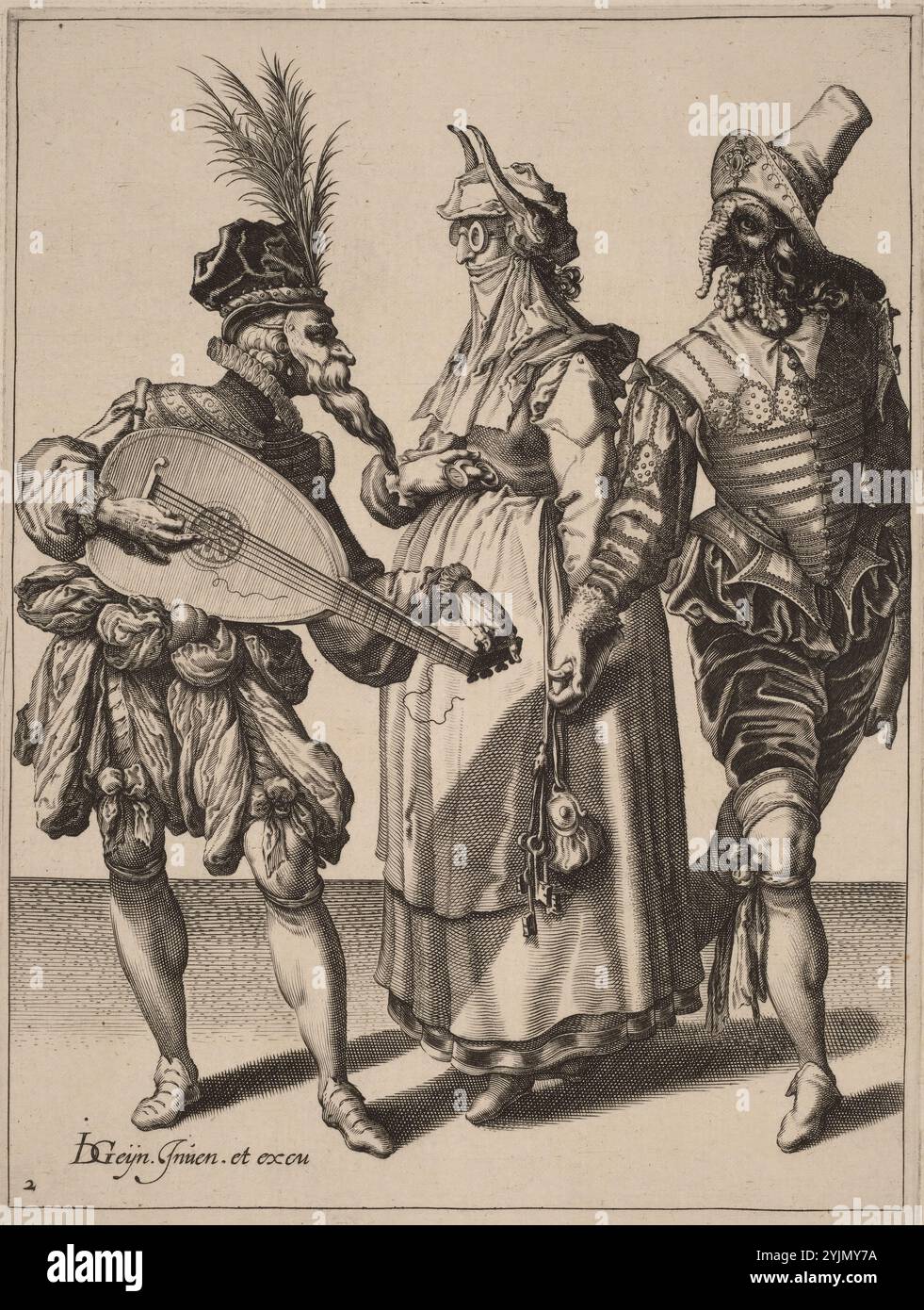 Jacques de Gheyn II, Niederländisch, 1565 - 1629, Jacques de Gheyn II (Verlag) Niederländisch, 1565 - 1629, Ein Paar adressiert von einem Lautenspieler, 1595, 1596, die Maskeraden, Gravur auf Büttenpapier, Platte: 23,9 x 17,1 cm, Blatt: 39,7 x 27,2 cm (15 5, 8 x 10 11, 16 in.), New Hollstein, Nr. 161, nur Staat, Zacharias Dolendo, Niederländisch, aktiv 1581, 1598 Stockfoto