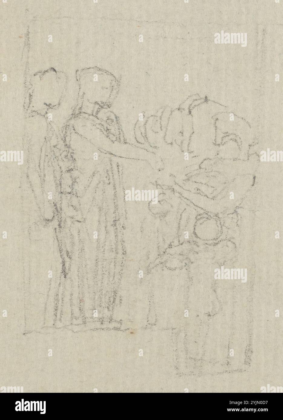 John Flaxman, britisch, 1755 - 1826, Bettler an einer Tür (Studie für das Yarborough Monument), ca. 1803, 1806, Graphit, insgesamt 6,8 x 4,7 cm Stockfoto