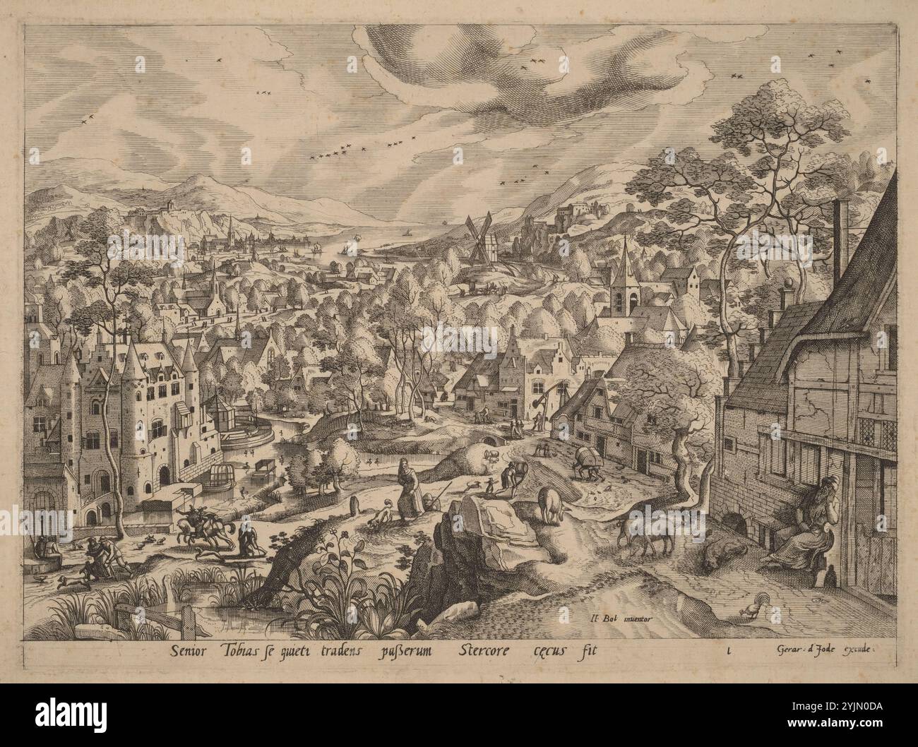 Vogel-Tropfen-Blenden-Tobit, um 1565, Landschaften mit der Geschichte von Tobias, Gravur und Gravur auf Büttenpapier, Platte: 23,7 x 32,2 cm (9 5/16 x 12 11/16 Zoll), Blatt: 25,5 x 34 cm (10 1/16 x 13 3/8 Zoll), New Hollstein (die Familie Van Doetecum), Nr. 423, Staat i/II, Johannes van Doetechum der ältere (Künstler) Niederländisch, 1528/1532–1605, Lucas van Doetechum (Künstler) Niederländisch, aktiv 1554–1572; gestorben vor 1589, Hans Bol (Künstler nach) Niederländisch, 1534–1593, Gerard de Jode (Herausgeber) Flämisch, 1509 oder 1517–1591 Stockfoto