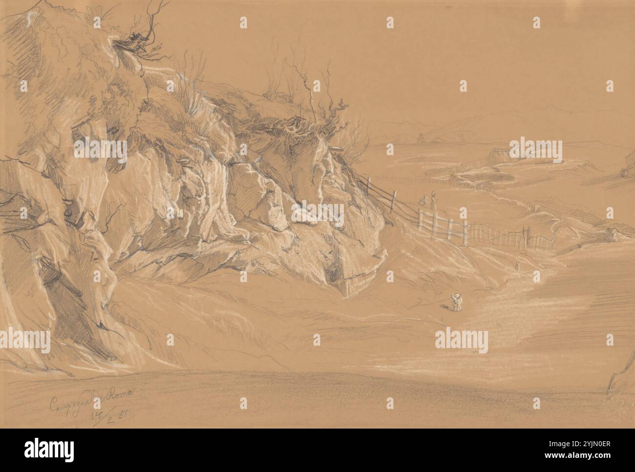Julius Jacob der ältere, Deutsch, 1811 - 1882, Campagna di Roma (römische Landschaft) (Recto), 1851, Graphit mit weißer Erhöhung auf braunem Papier, Blatt: 17,2 x 25,2 cm Stockfoto