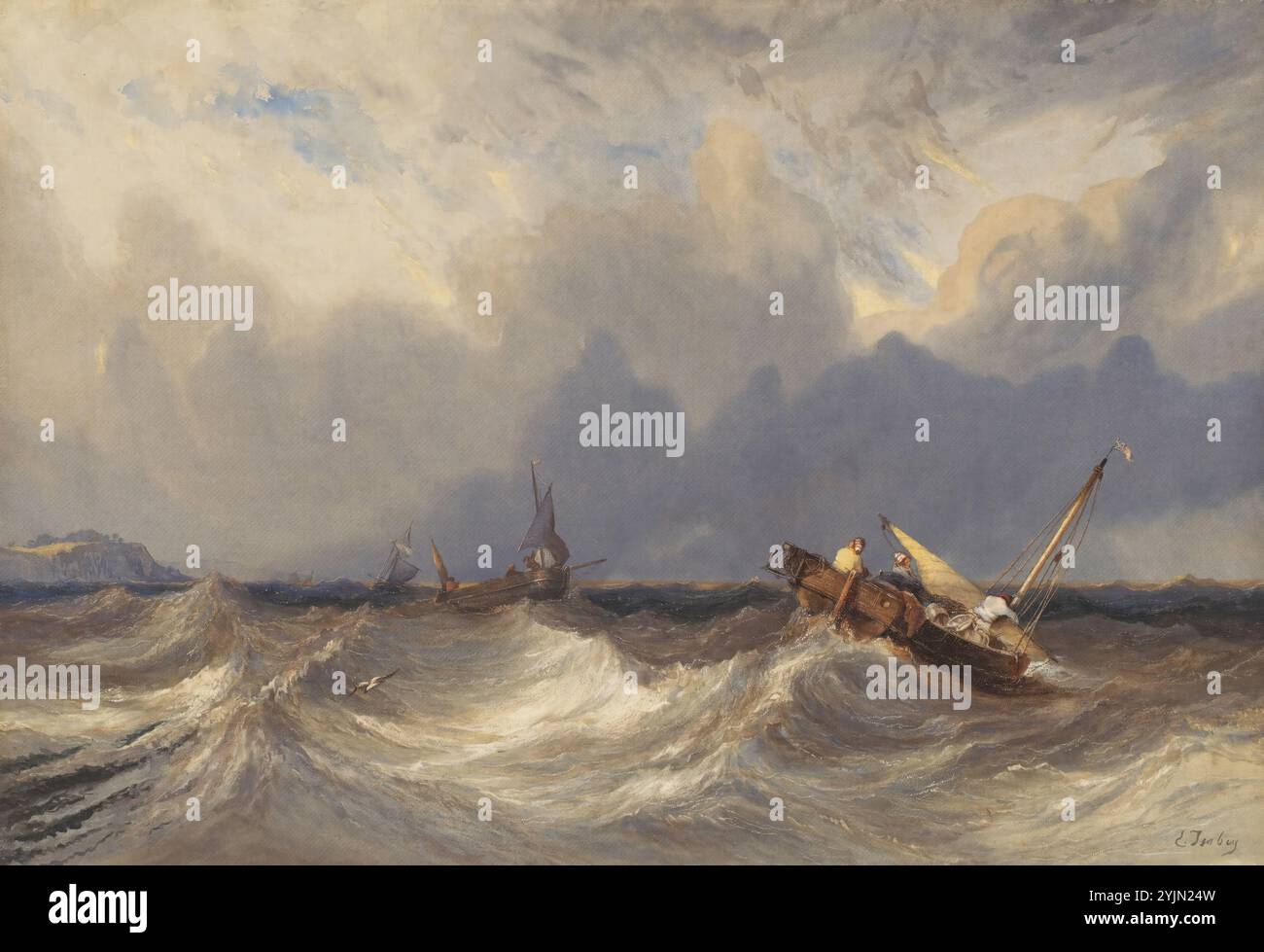 Eugène Isabey, Französisch, 1803 - 1886, Fischerboote vor einem Sturm geworfen, ca. 1840, Aquarell mit einem Hauch von Gouache und Stift und brauner Tinte mit Gummi arabicum, über schwarzer Kreide, mit Kratzen und Einschneiden in nasse Farbe auf gewebtem Papier, insgesamt: 93,3 x 63,9 cm (36 3, 4 x 25 3, 16 Zoll Stockfoto