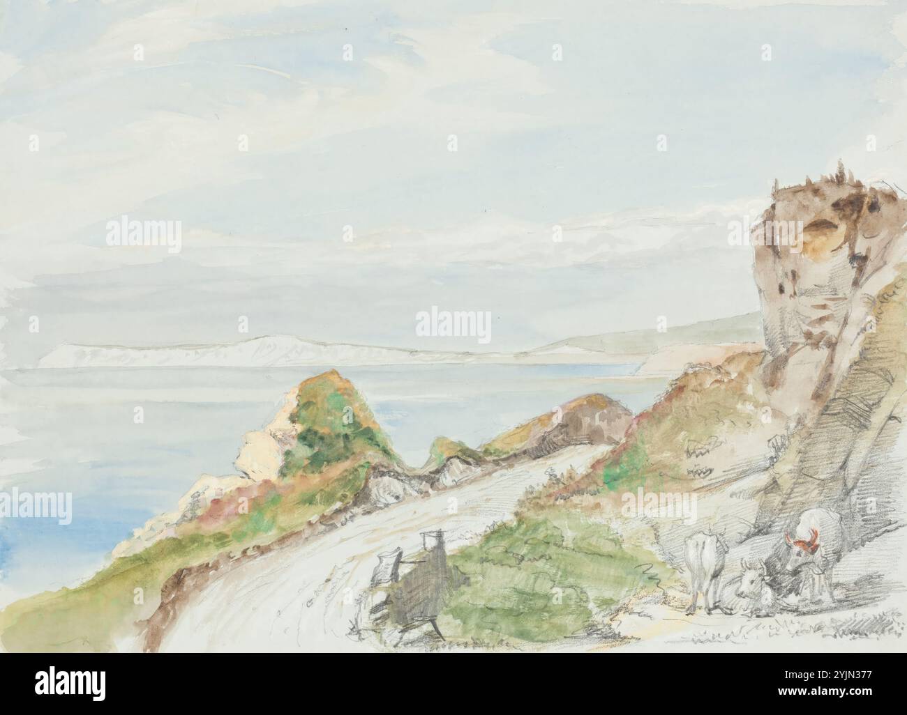 Sir George Hayter, Britisch, 1792 - 1871, Freshwater Bay, Isle of Wight, 1839, Aquarell, Gouache und Graphit mit roten und weißen Kreiden auf blauem Webpapier, insgesamt 25,6 x 35,2 cm Stockfoto