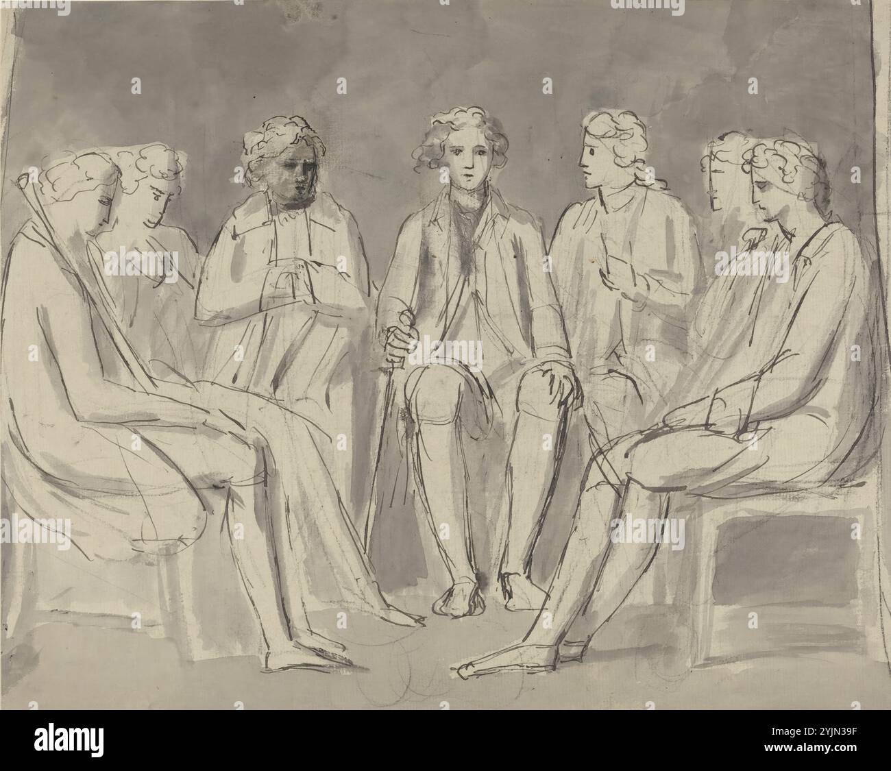 William Blake, British, 1757 - 1827, Group of Men Seated in a Circle [Recto], ca. 1780, 1785, Stift und schwarze Tinte mit schwarzer Kreide auf Büttenpapier, insgesamt 28,4 x 35,2 cm, Butlin 1981, Nr. 148, State Recto Stockfoto