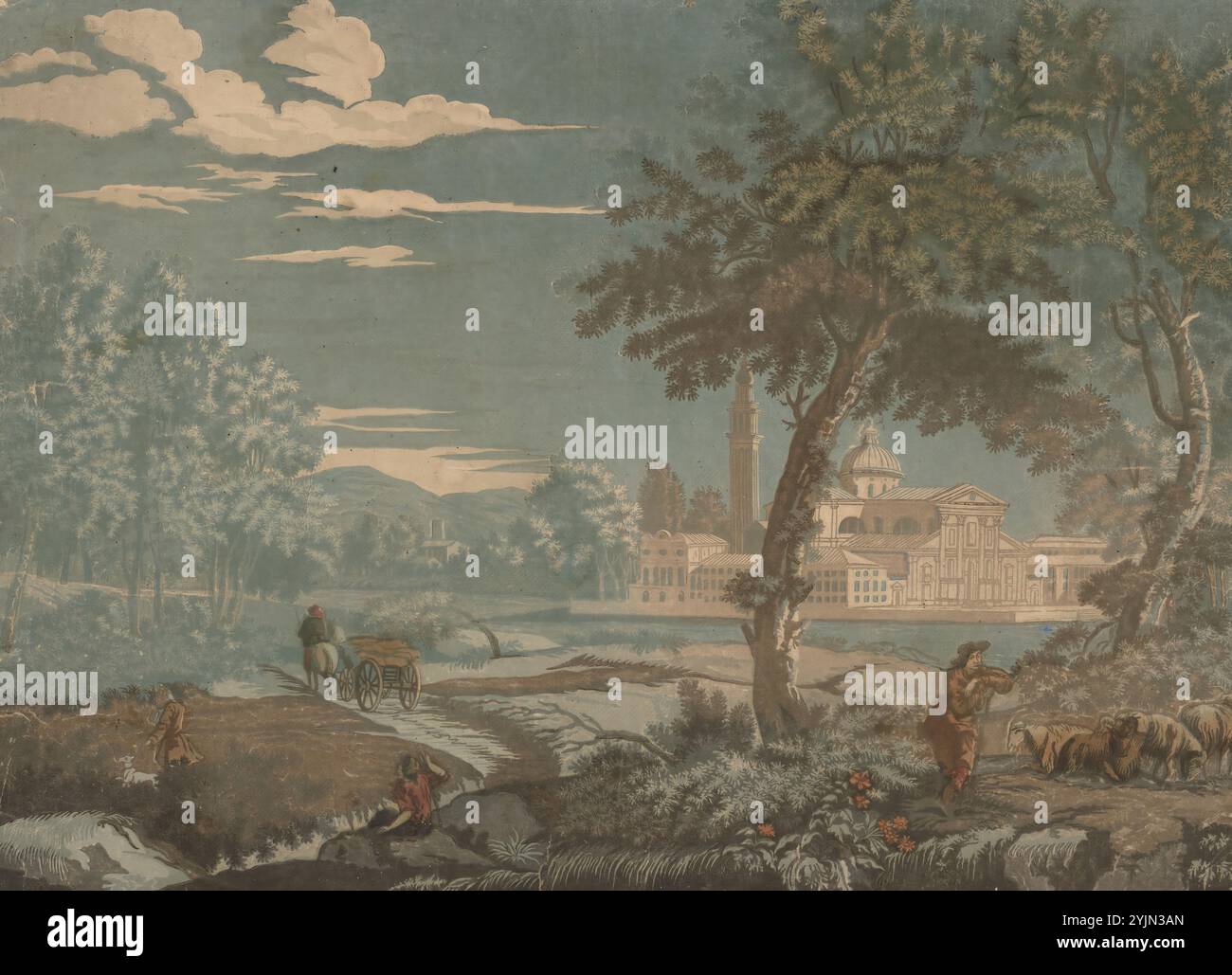 Heroische Landschaft mit Karre und Goatherd, mit San Giorgio Maggiore im Hintergrund, 1744, Hell-Dunkel-Holzschnitt auf Büttenpapier, Blatt: 42 x 59 cm (16 9/16 x 23 1/4 Zoll), Kainen 1963, Nr. 41, John Baptist Jackson (Künstler) British, 1701–1780, Marco Ricci (Künstler nach) Venetian, 1676–1729 Stockfoto