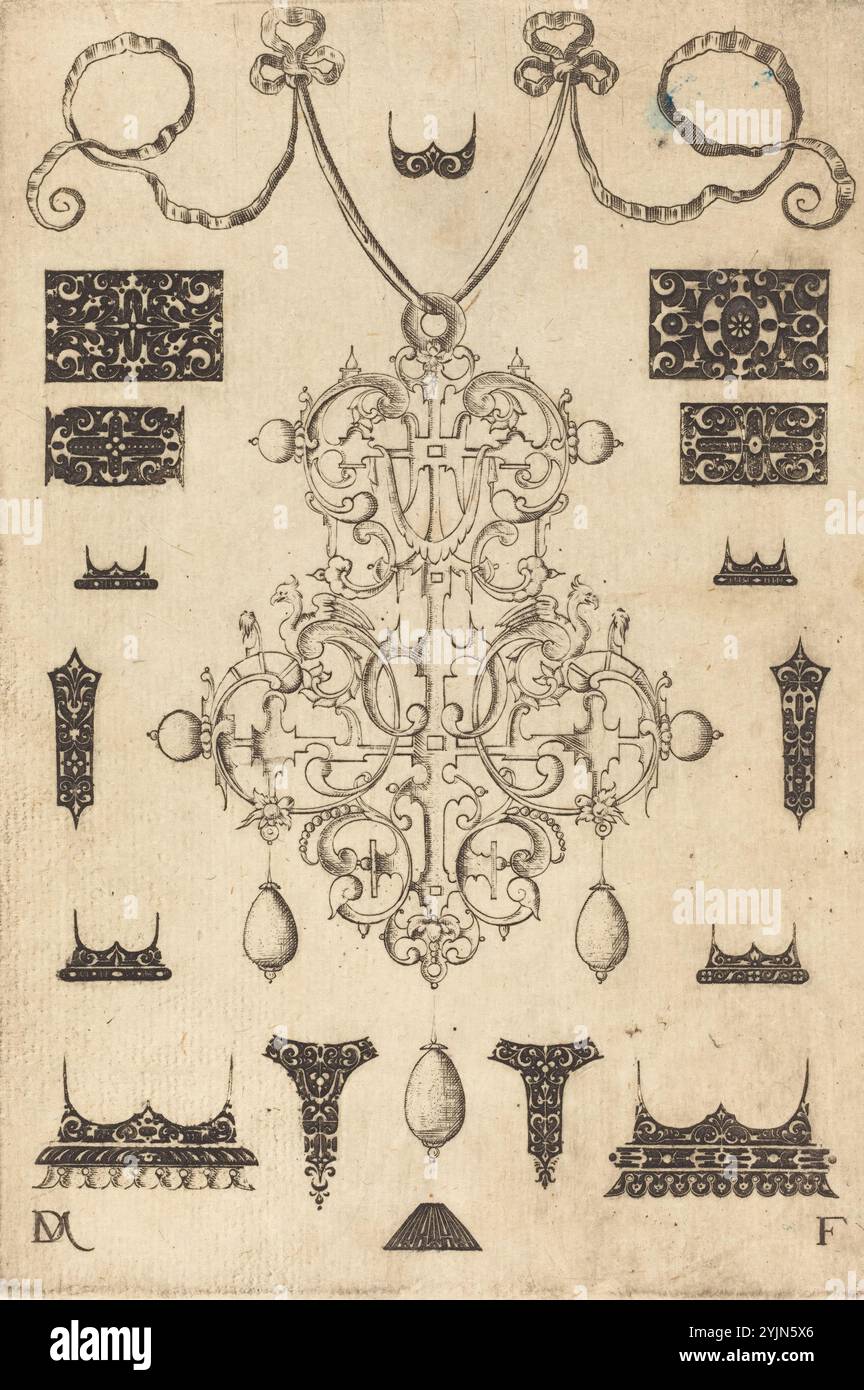Daniel Mignot Deutsch, aktiv 1593, 1596, großer Anhänger mit drei Tropfen unten, umgeben von 15 verschiedenen Hengsten, 1593, Anhänger, Medaillons und Stollen: pl.6 [Holl. 17-24], Gravur, Hollstein, Nr. 22, i, II Stockfoto
