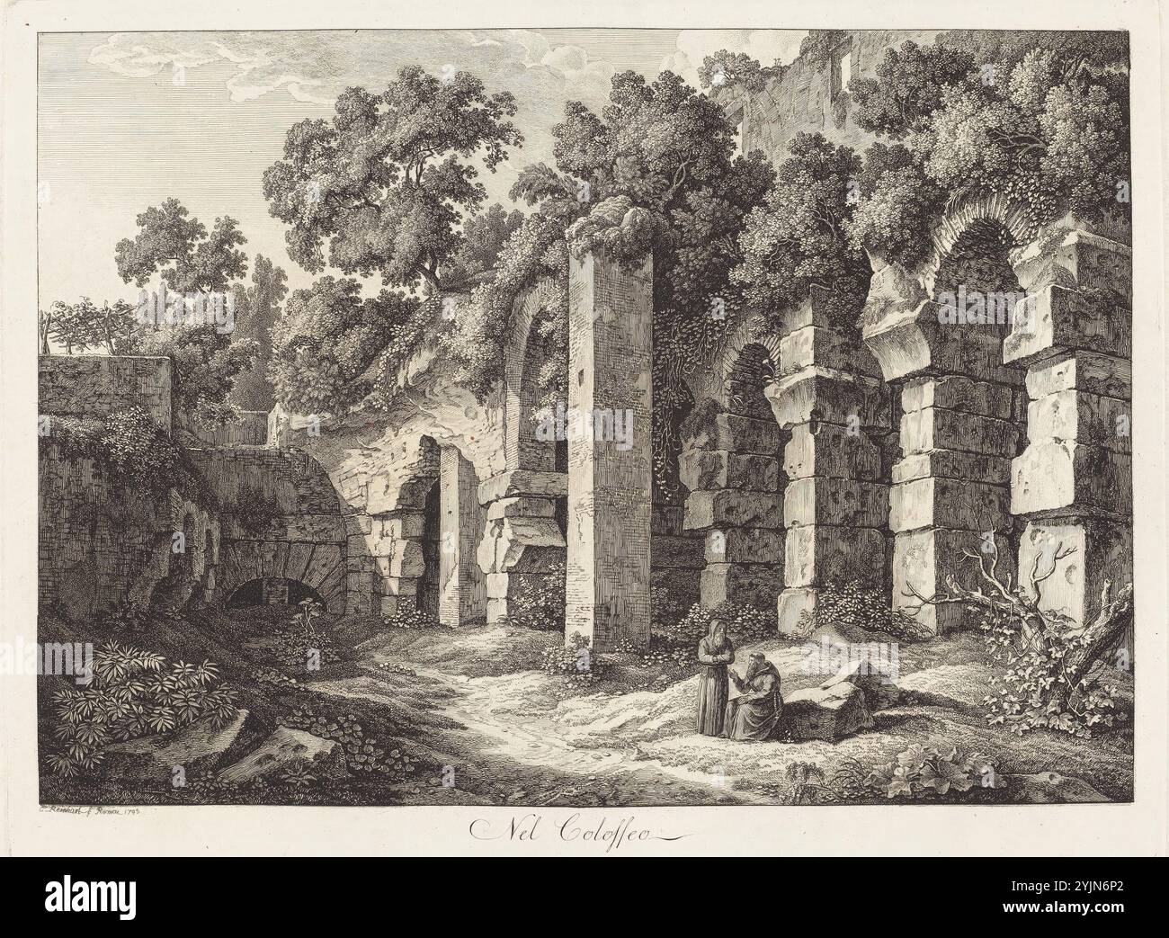 Johann Christian Reinhart, Deutsch, 1761 - 1847, Nel Colosseo, 1793, Collection ou Suite de Vues Pittoresques de l'Italie (Platte 1), Ätzung auf Büttenpapier, Platte: 28,3 x 37,5 cm, Blatt: 39,1 x 49,1 cm, Feuchtmayr 1975, Vol. A, nein 55, III, III Stockfoto