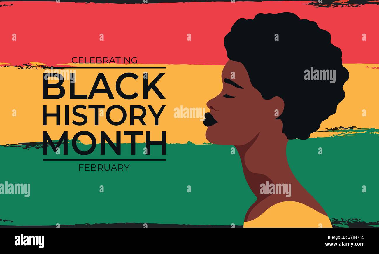 Black History Month feiern. Afroamerikanische Geschichte. Rot, gelb und grün gemaltes Banner mit afrikanischem Frauenprofil. Vektorabbildung Stock Vektor