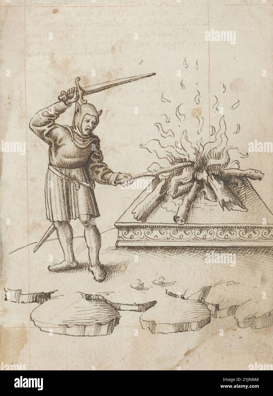 Französisch Anfang des 16. Jahrhunderts, Don't Poke the Fire with a Sword' [fol. 20 recto], ca. 1512, 1515, Speculum princes (Spiegel für Prinzen), Stift und graue Tinte auf Büttenpapier, insgesamt 16,2 x 10,7 cm (6 3, 8 x 4 3, 16 Zoll Stockfoto