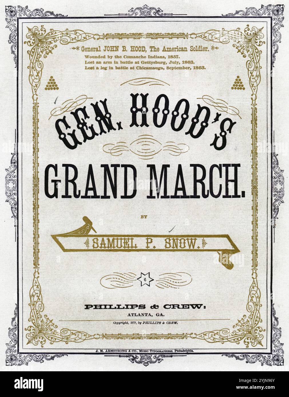 General Hood's Grand march, Snow, Samuel P. (Komponist), Phillips & Crew, Atlanta, 1879., Vereinigte Staaten, Geschichte, Bürgerkrieg, 1861-1865, Lieder und Musik, Klaviermusik, Marken (Klavier), Hood, John Bell, 1831-1879, Songs und Musik, Noten, Kataloge, Generale, Confederate States of America, Songs und Musik, Popular Songs of the Day, Songs and Music, war and Conflict, Civil war and Reconstruction (1861–1877), Music Associated with the Confederate Side, Farbwerbung, Notenblätter Stockfoto