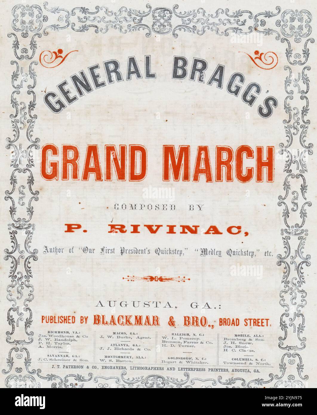 Gen. Braxton Braggs großer marsch, Rivinac, P. (Komponist), Blackmar & Bro., Augusta. Vereinigte Staaten, Geschichte, Bürgerkrieg, 1861-1865, Lieder und Musik, Klaviermusik, Marches (Klavier), Bragg, Braxton, 1817-1876, Lieder und Musik, Generäle, Confederate States of America, Lieder und Musik, populäre Lieder des Tages, Lieder und Musik, Krieg und Konflikt, Civil war and Reconstruction (1861–1877), Musik Associated with the Confederate Side, Noten Stockfoto