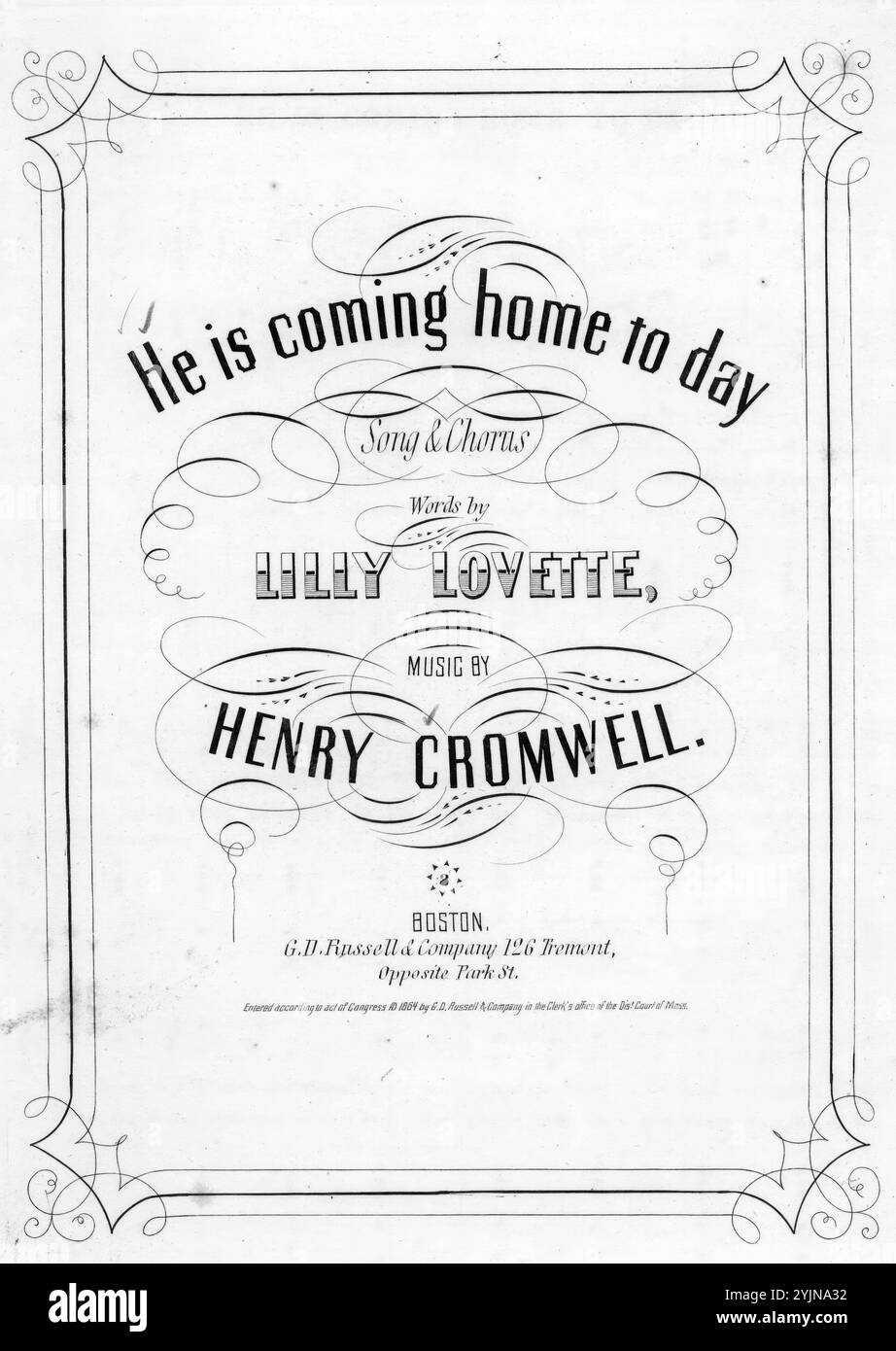 Er kommt heute nach Hause, Cromwell, Henry (Komponist), Lovette, Lilly (Lyriker), g. D. Russell & Company, Boston, 1864., Vereinigte Staaten, Geschichte, Bürgerkrieg, 1861–1865, Lieder und Musik, Chöre, weltlich (Mixed Voices, 4 Stimmen) mit Klavier, patriotischer Musik, United States, Popular Songs of the Day, Songs and Music, war and Conflict, Civil war and Reconstruction (1861–1877), Music Associated with the Union Side, Notenblätter Stockfoto