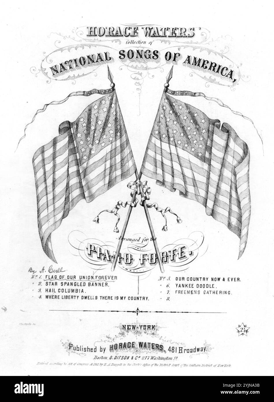 Die Flagge unserer Union für immer, CULL, A. (Komponist), Morris, Geo P. (Texter), Horace Waters, New York, 1861., Vereinigte Staaten, Geschichte, Bürgerkrieg, 1861-1865, Lieder und Musik, Flaggen, Vereinigte Staaten, Pictorial Works, Flags, United States, Lieder und Musik, Chöre, weltlich (gemischte Stimmen, 4 Stimmen) mit Klavier, Nationalmusik, Vereinigte Staaten, Noten, Kataloge, Popular Songs of the Day, Songs and Music, war and Conflict, Civil war and Reconstruction (1861–1877), Music Associated with the Union Side, Noten Stockfoto