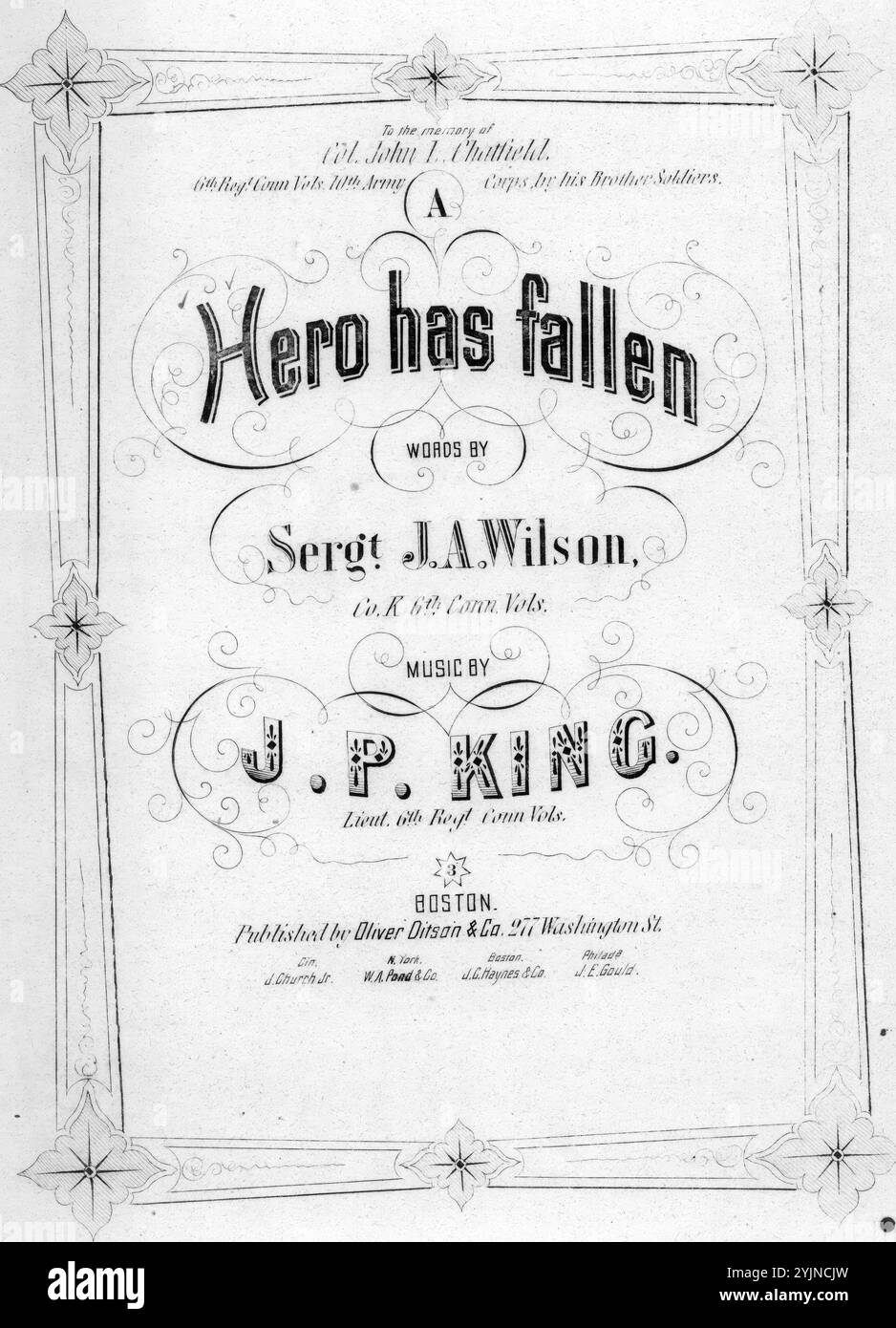 Ein Held hat gefallen, King, J. P. (Komponist), Wilson, J. A. (Texter), Oliver Ditson & Co., Boston., Vereinigte Staaten, Geschichte, Bürgerkrieg, 1861-1865, Lieder und Musik, Chöre, weltlich (gemischte Stimmen, 4 Stimmen) mit Klavier, Vereinigte Staaten, Geschichte, Bürgerkrieg, 1861-1865, Opfer, Lieder und Musik, Chatfield, John L. (John Lyman), 1826-1863, Tod und Begräbnis, Lieder und Musik, Vereinigte Staaten. Armee. Connecticut Infanterieregiment, 6. (1861-1865), Lieder und Musik, Morris Island, Schlacht von, S.C., 1863 (10. Juli bis 7. September), Lieder und Musik, Popular Songs of the Day, Songs and Music, war and Conflict, Civil Stockfoto