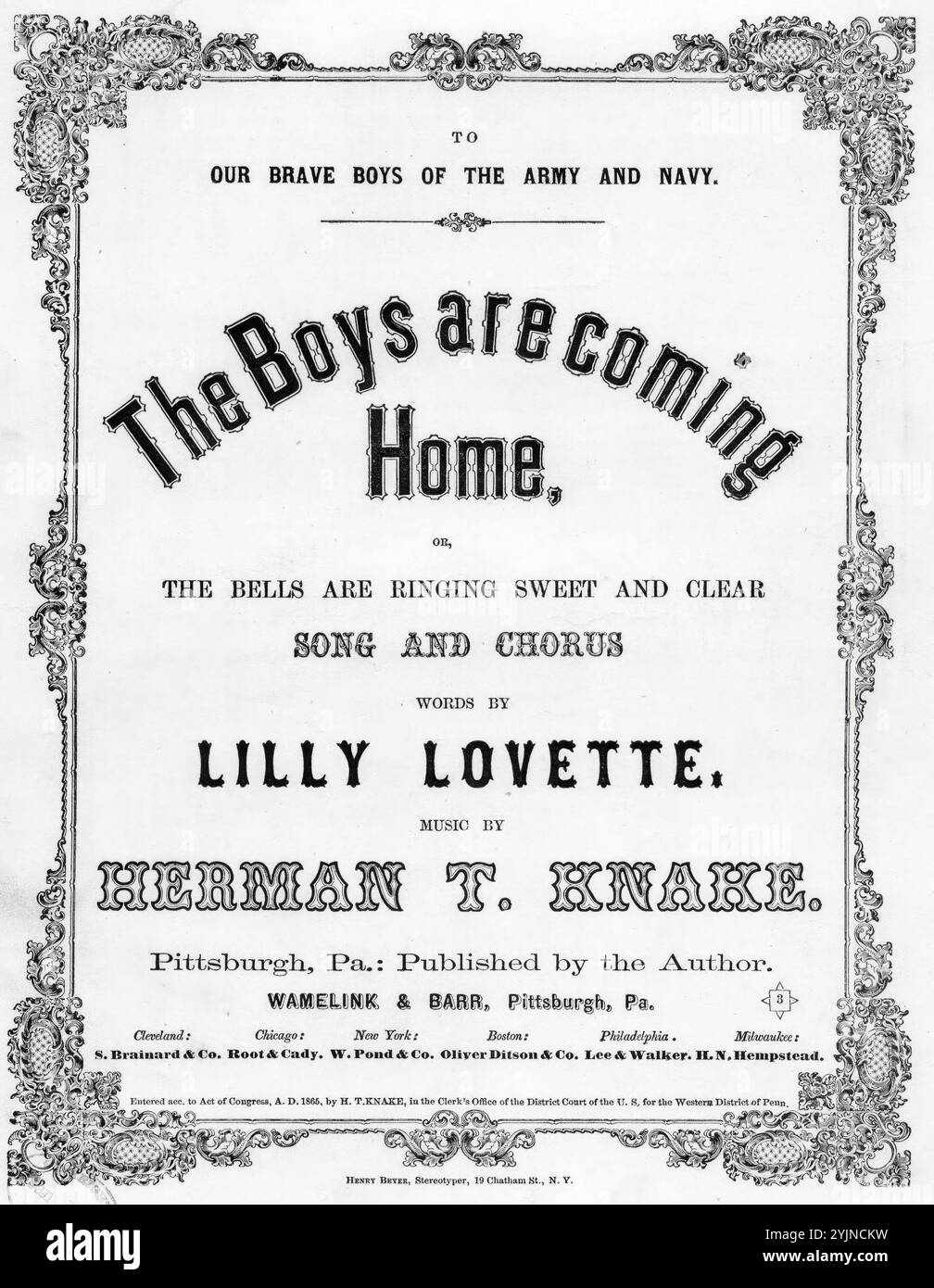 Die Jungs kommen nach Hause, oder die Glocken läuten süß und klar, Knake, Hermann T. (Komponist), Lovette, Lilly (Lyriker), Herman T. Knake, Pittsburgh, 1865., Vereinigte Staaten, Geschichte, Bürgerkrieg, 1861–1865, Lieder und Musik, Chöre, weltlich (Mixed Voices, 4-teilig) mit Klavier, Vereinigte Staaten, Geschichte, Bürgerkrieg, 1861-1865, Peace, Songs and Music, Popular Songs of the Day, Songs and Music, war and Conflict, Civil war and Reconstruction (1861–1877), Music Associated with the Union Side, Noten Stockfoto