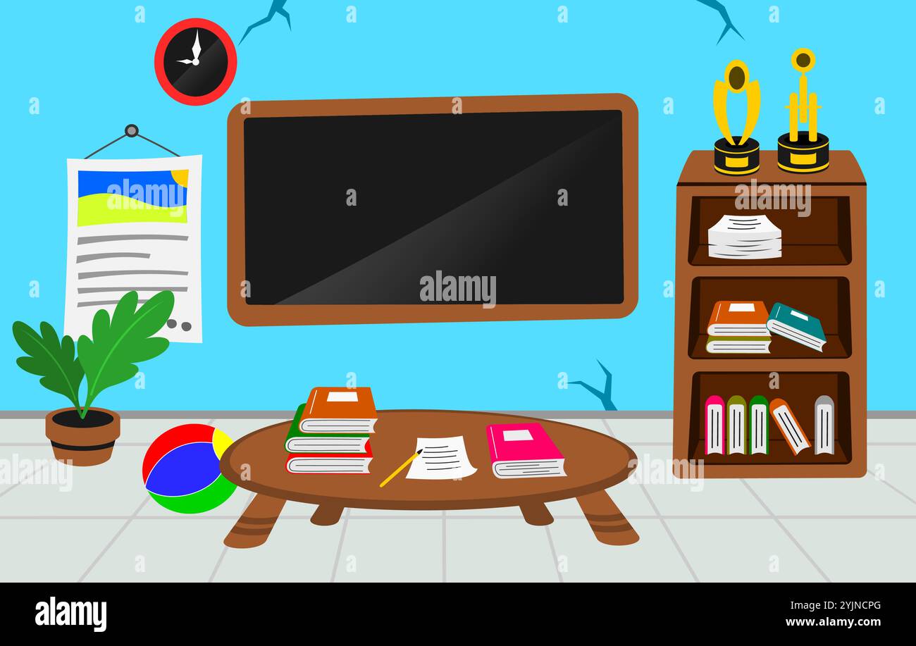 Vektor leeres Klassenzimmer und einige Bücher, Ball, Tafel, Trophäenillustration Stock Vektor