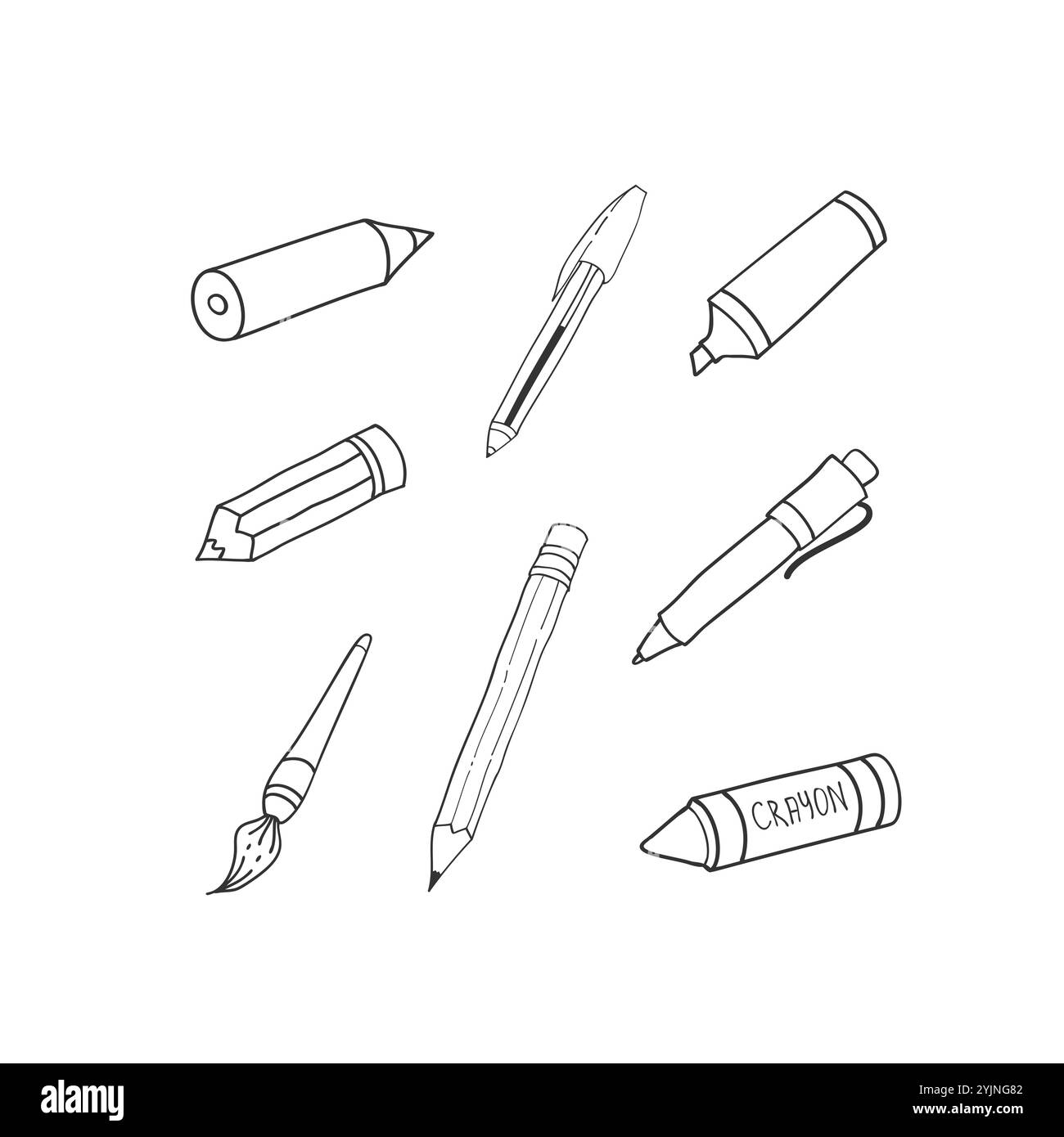 Bleistifte Outline Grafiken Set Hand gezeichnet Vektor Illustration, Stift Clipart Bundle Stock Vektor