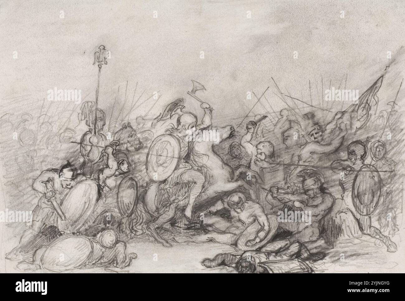 Ekman, anders, Arbeit, Kampfszene. Schlacht der römischen Legion, in der Mitte ein Reiter mit erhöhter Kampfaxt., 1855, Zeichnung, 16 cm x 21 cm Stockfoto