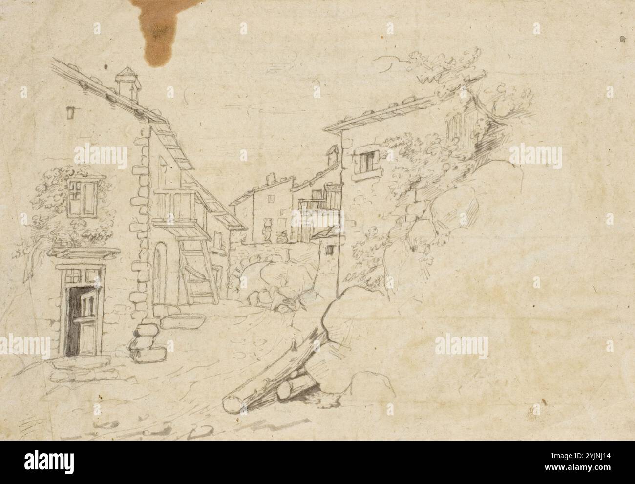 Ekman, Robert Wilhelm, Straße einer kleinen italienischen Stadt mit niedrigen Baracken an den Kanten und einer Brücke über die Straße in der Mitte., Zeichnung, 19 cm x 26, 5 cm Stockfoto