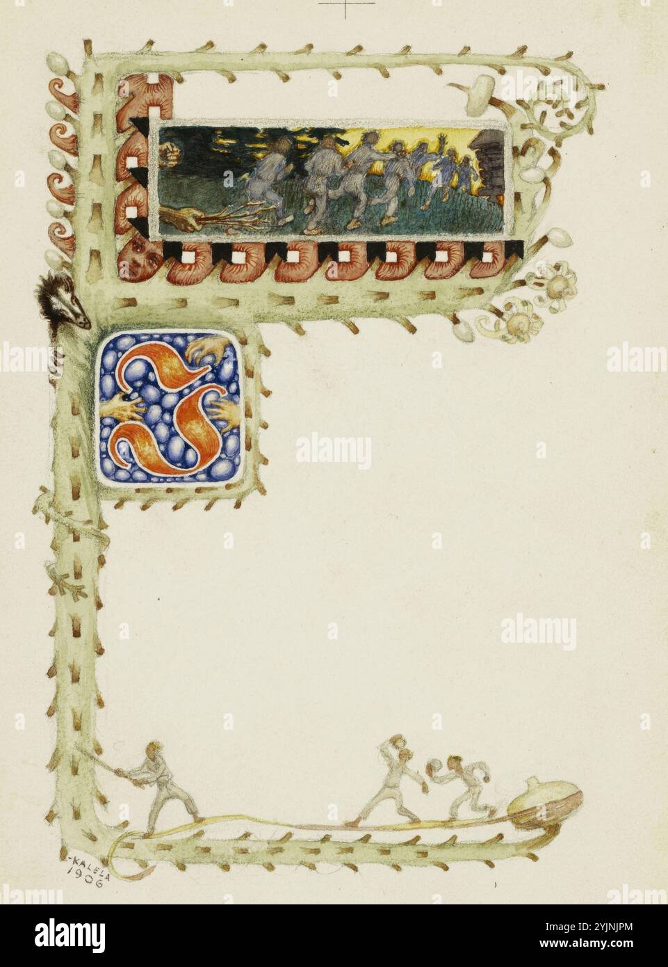 Gallen-Kallela, Akseli, Dekorationsseite vor dem ersten Kapitel, Aquarell, Kategorie: Malerei, 24,6 cm x 17 .7 cm, Akseli Gallen-Kallela 1865 – 1931, ein finnischer Maler, der vor allem für seine Illustrationen des Kalevala, dem Nationalepos Finnlands, bekannt ist Stockfoto