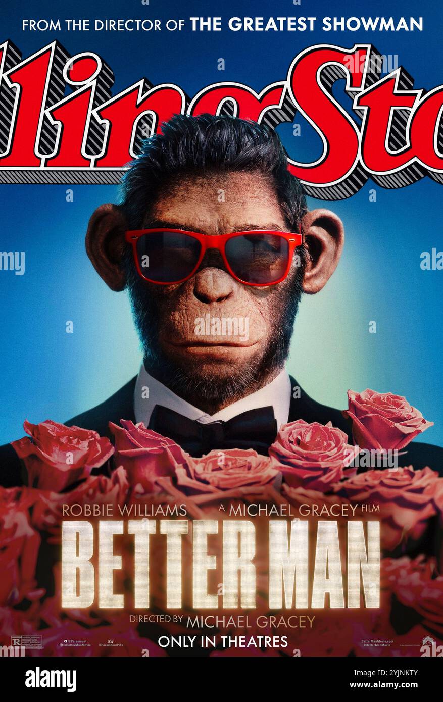 Better man (2024) von Michael Gracey mit Robbie Williams, Hugh Jackman und Jonno Davies. Ein biografisches Musikdrama, das das Leben und die Karriere des britischen Popstars Robbie Williams von seinen Anfängen mit Take That bis zu seiner erfolgreichen Solokarriere erzählt. US-Poster NUR FÜR REDAKTIONELLE ZWECKE. Quelle: BFA / Paramount Pictures Stockfoto