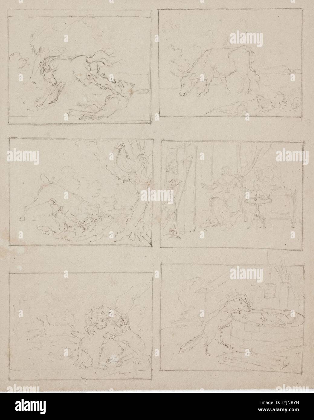Godenhjelm, Berndt Abraham, Werk, sechs Illustrationsskizzen, fünf davon Tiermotive, zusammen mit einem Krankenbett und Tod, der durch eine halboffene Tür hereinkommt, Bleistift, Zeichnung, TIER, INNENRAUM, Tod, 21 cm x 17,3 cm Stockfoto