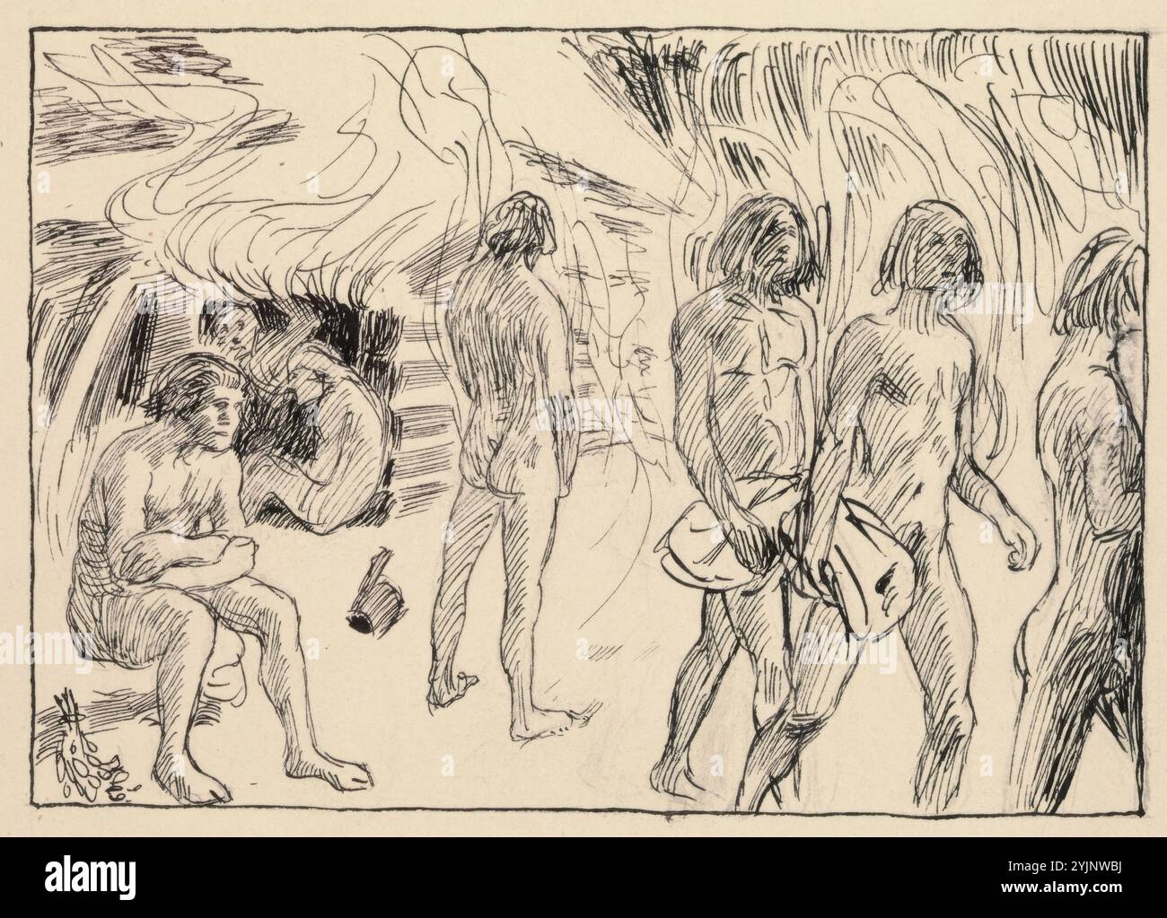 Gallen-Kallela, Akseli, aus der Sauna, 11. Kapitel, 1907, Technik Text: Marker, Zeichnung, 17 cm x 23, 5 cm, Akseli Gallen-Kallela 1865 – 1931, ein finnischer Maler, der vor allem für seine Illustrationen des Kalevala, dem Nationalepos Finnlands, bekannt ist Stockfoto