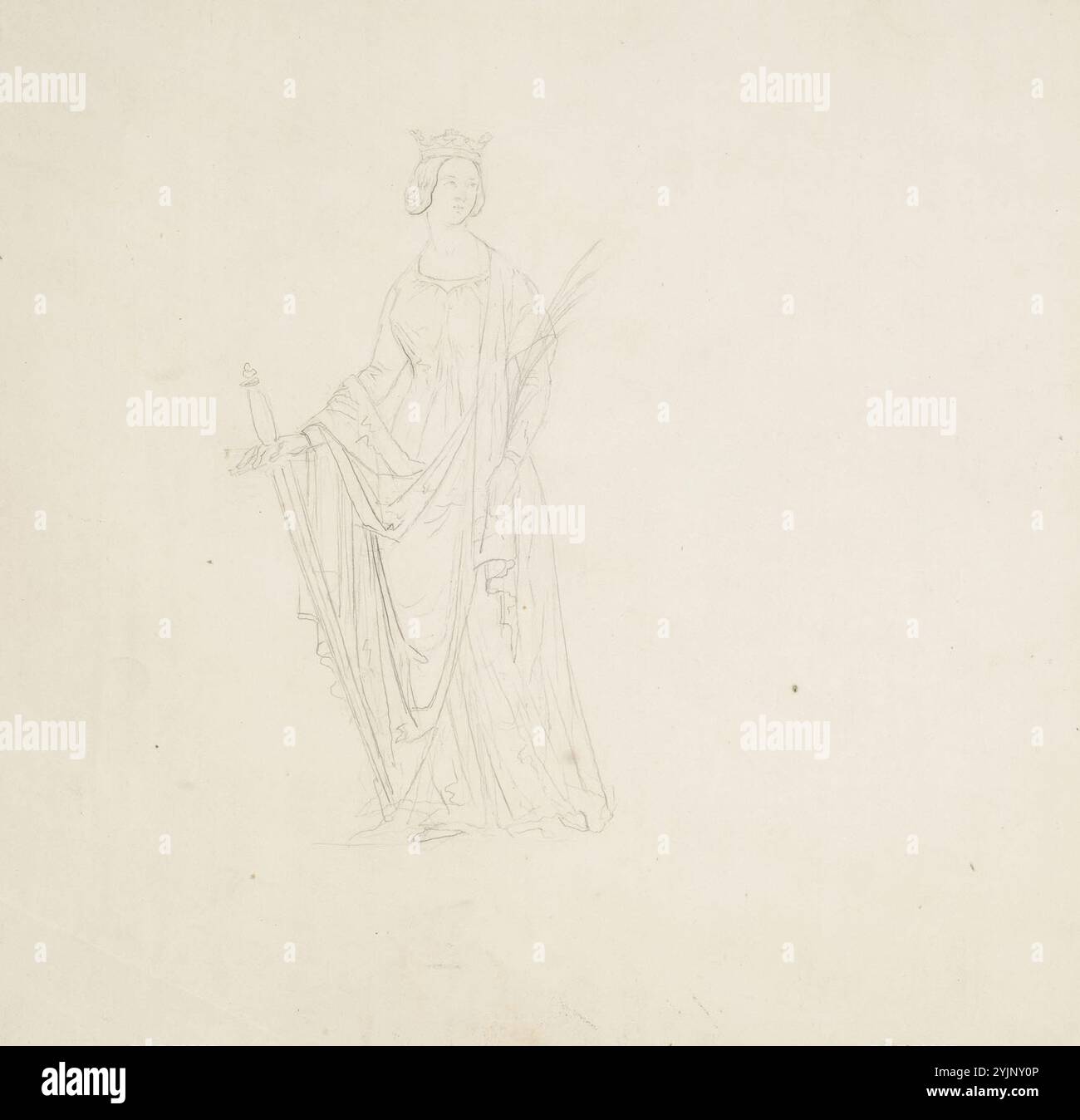 Godenhjelm, Berndt Abraham, gotische Frauenfigur mit einer Krone auf dem Kopf, einem Schwert in der rechten Hand und einem Friedenpalmenzweig in der linken Hand. Stehende Ganzfigur., Techniktext: Bleistift auf Papier, Zeichnung, FIGUR, weiblich, 22,1 cm x 32,4 cm Stockfoto