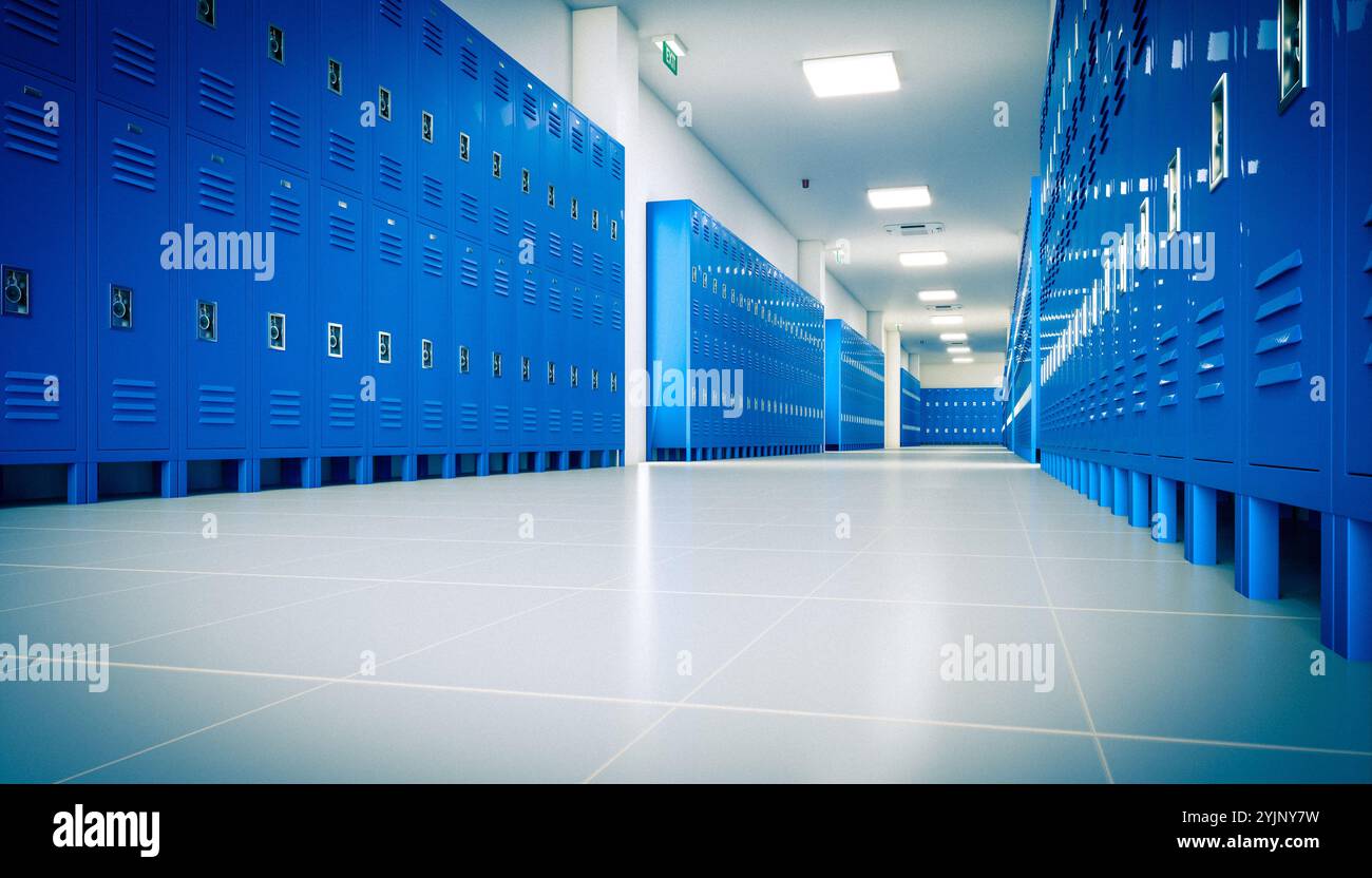 Langer Korridor mit blauen Schließfächern im 3D-Hintergrund der modernen Schule Stockfoto