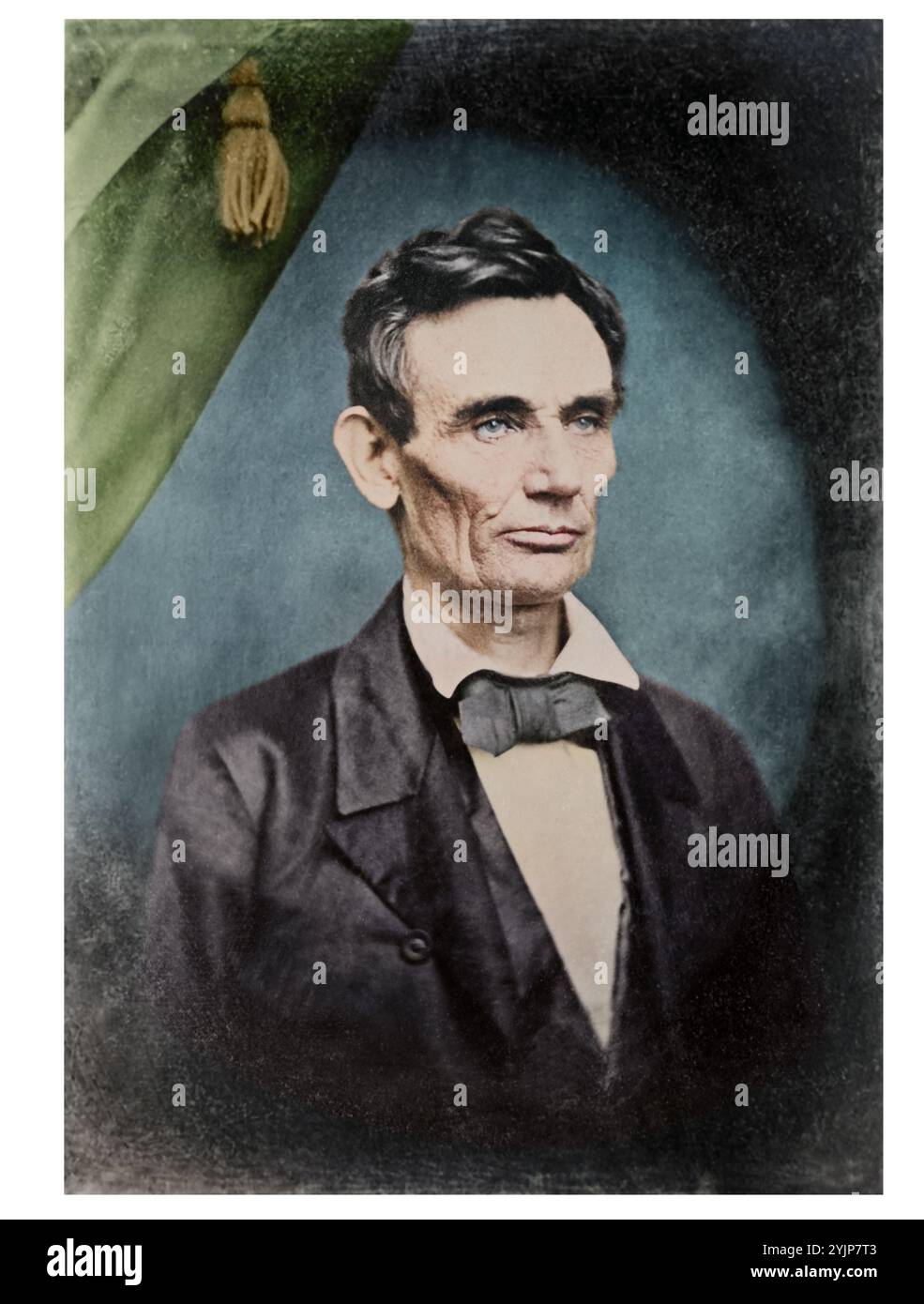 Das Foto zeigt Abraham Lincoln (ca. 49) in einem Bild (vermutlich 1858), das 1860 auf den Bändern des Präsidentschaftswahlkampfs abgebildet wurde. Lincoln mochte das Foto und signierte oft Abzüge für Bewunderer. Originalfoto (ein Ambrotype?) Wahrscheinlich von Roderick M. Cole, Peoria, Illinois, oder Preston Butler aus Springfield. Stockfoto