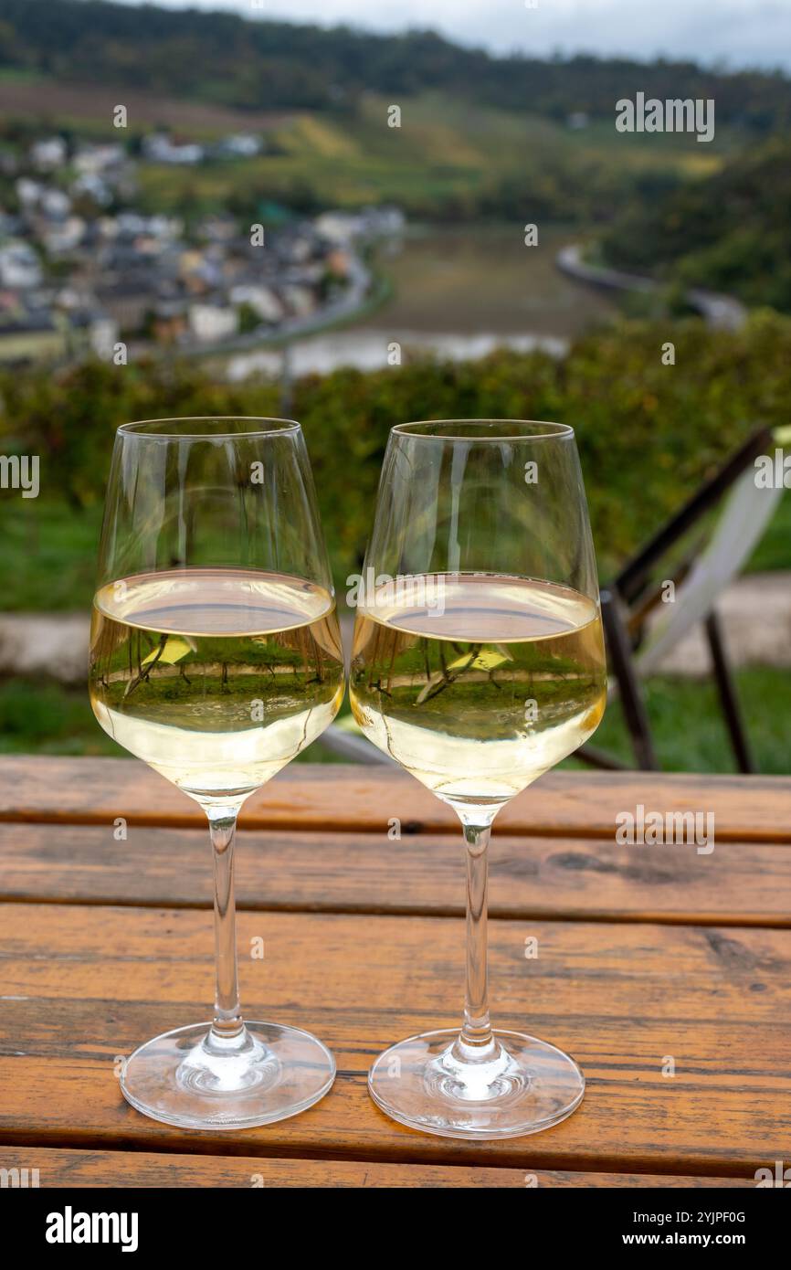 Gläser weißen Trockenriesling, hergestellt im Moseltal in Deutschland oder Luxemburg, Blick auf Terrassen-Weinberge in Nittel Stockfoto