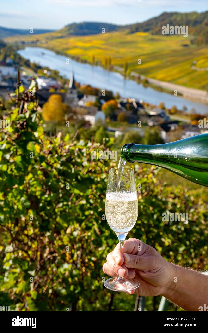 Eingießen von Weißwein, traditionelle Champagnermethode Herstellung von cremant in Höhlen im Moseltal in Luxemburg, Glas Wein und Aussicht Stockfoto