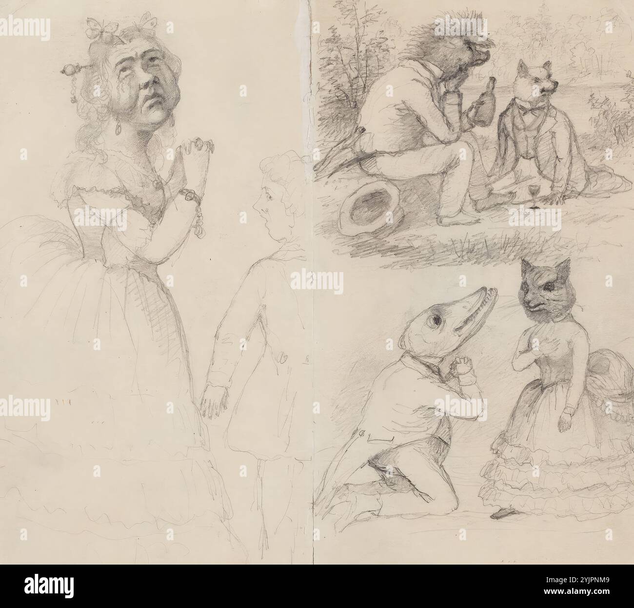 Wiik, Maria, Skizzenbuch, Zeichnung, 18,5 cm x 26,5 cm, Wiik, Maria, Teil: Zwei Frauen auf einem Hang von hinten sitzend, undatiert, Maria Catharina Wiik 1853 – 1928 finnische Malerin des Stilllebens, Genrebilder, Landschaftsmalereien und Porträts. Lebte in Finnland Stockfoto