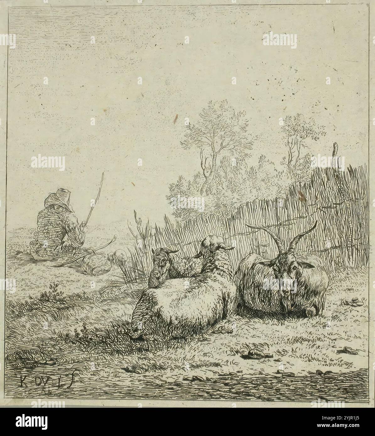 Du Jardin, Karel, Arbeit, Ziege und zwei Schafe, 1653, Strichätzung, Grafiken, Bildbreite 13 cm, Bildhöhe 14,1 cm Stockfoto