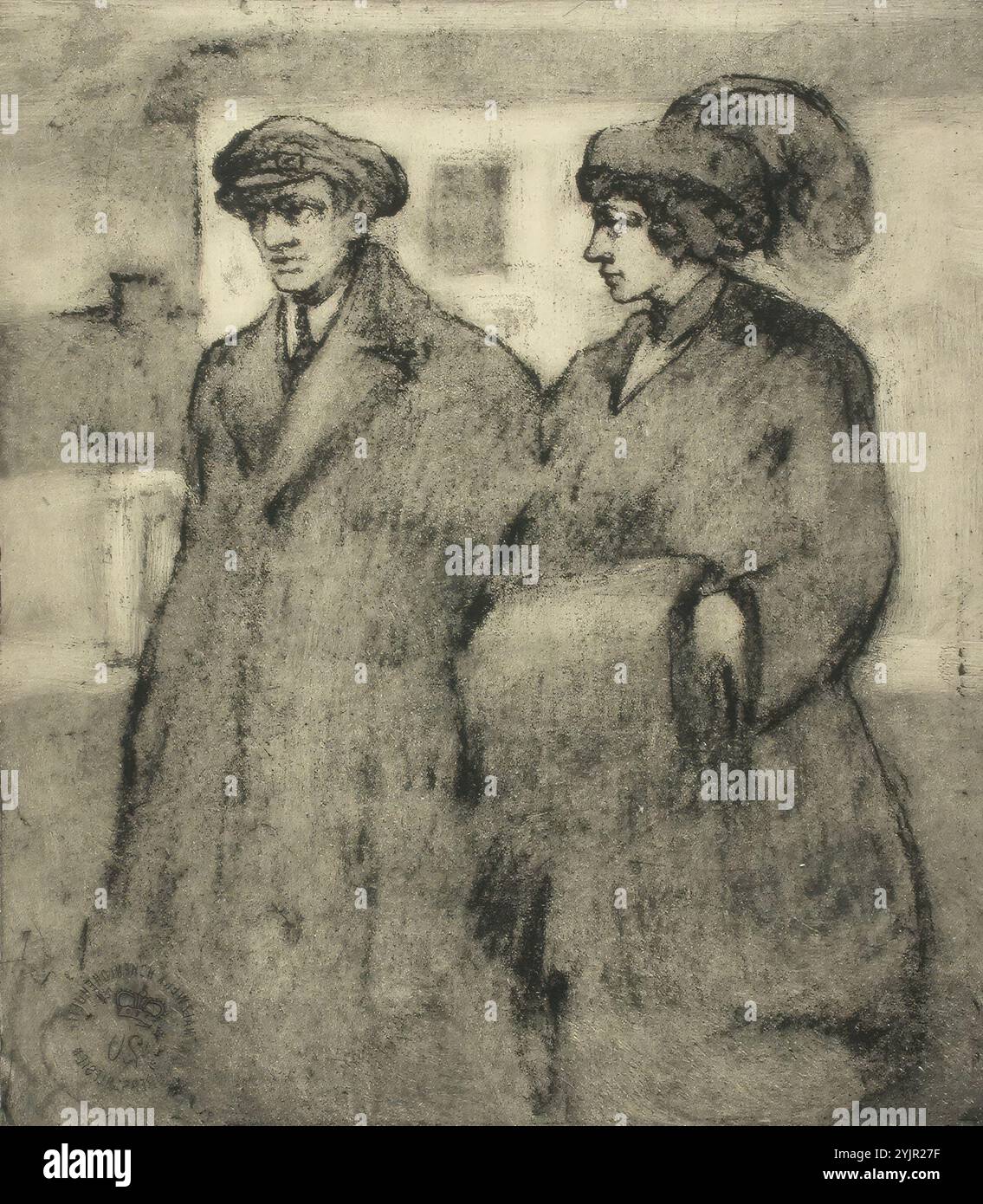 Ruokokoski, Jalmari, Arbeit, Herr und Frau Ruokokoski in Paris, 1916, Vernis mou, Grafiken, Plattenbreite 23,3 cm, Plattenhöhe 26,9 cm, Blattbreite 32,2 cm, Blatthöhe 39,2 cm Stockfoto