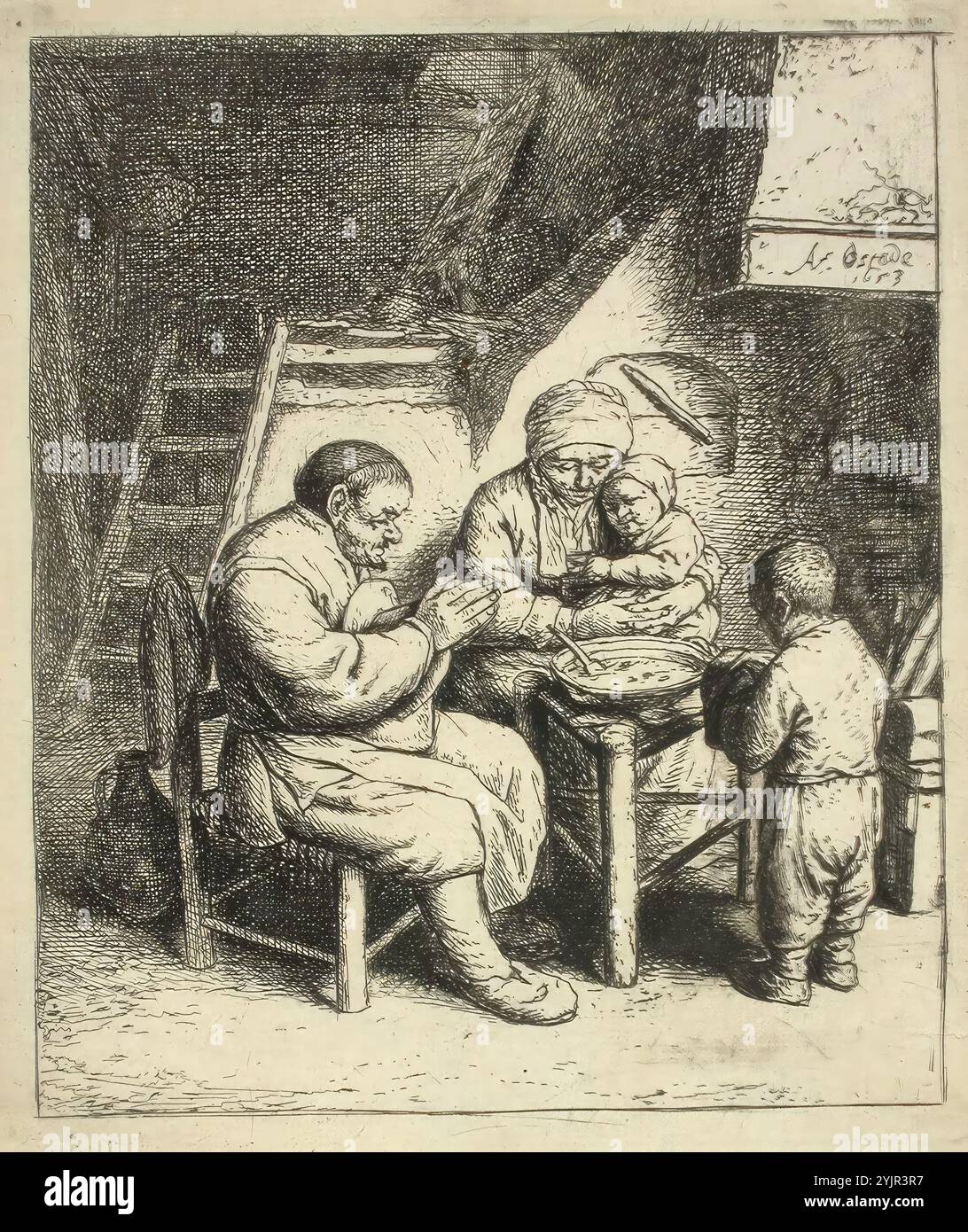 Ostade, Adriaen van, Work, Ruokarokus, 1653, Strichätzung, Grafik, Plattenbreite 13,1 cm, Plattenhöhe 15,6 cm Stockfoto