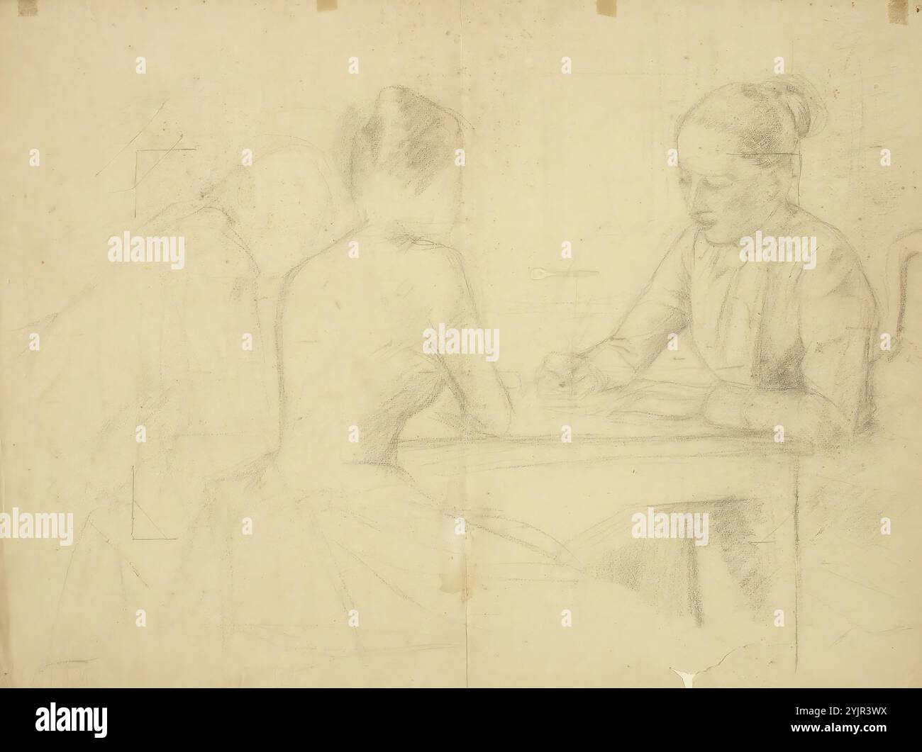 Edelfelt, Albert, Arbeit, drei Frauen um einen Tisch, eine Schrift, schwarze Kreide, Zeichnung, 48,5 cm x 62,5 cm, Albert Gustaf Aristides Edelfelt 1854 – 1905, finnischer Maler. Malerei in naturalistischem Stil und mit realistischem Umgang mit Kunst. Lebt in Finnland Stockfoto