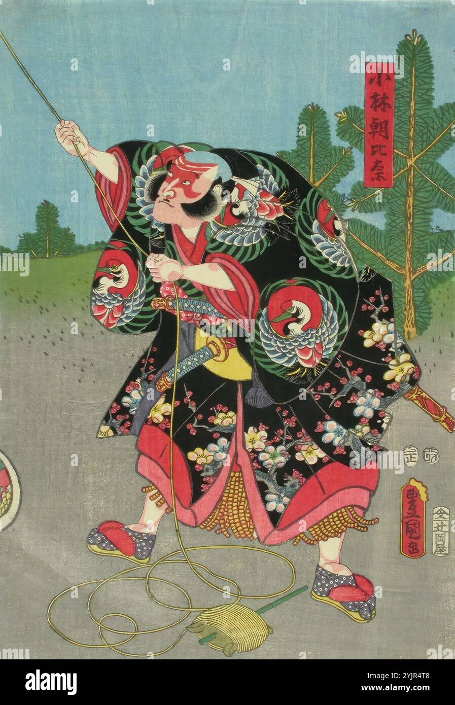 Kunisada, Werk, Schauspieler Nakamura Denzo (?) In dem Stück Azumakagami Soga no sewagoto (Geschichte der Soga-Familie), 1857, Farbholzdruck, Grafiken Stockfoto