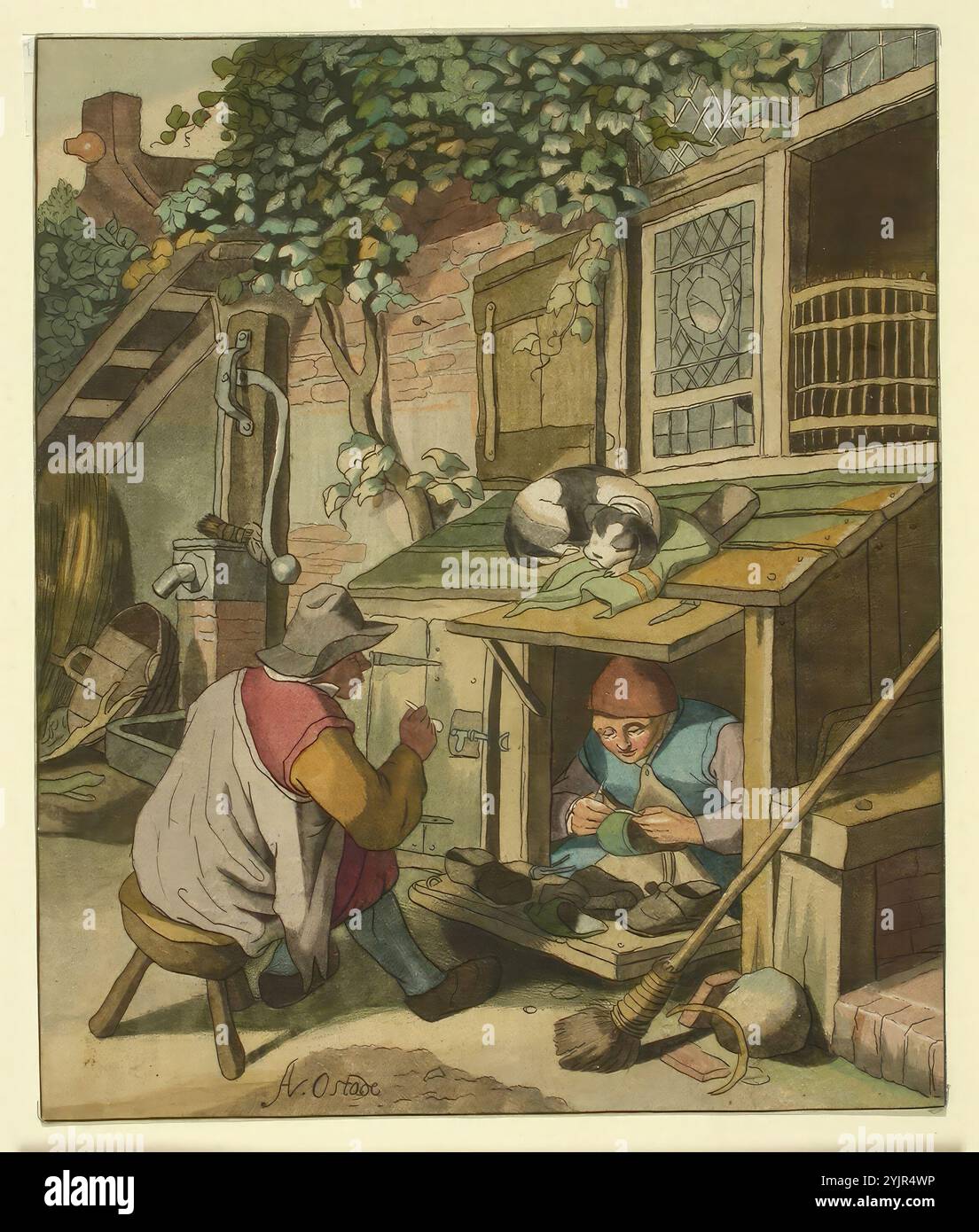 Janinet, Jean-Francois, Erfinder: Adrian van Ostade, Werk, niederländischer Dorfschuster in seiner Werkstatt, (1000 - 2000), Techniktext: Farbätzung, Grafiken, Blattbreite 14,3 cm, Blatthöhe 17 cm, Bildbreite 14,3 cm, Bildhöhe 17 cm Stockfoto