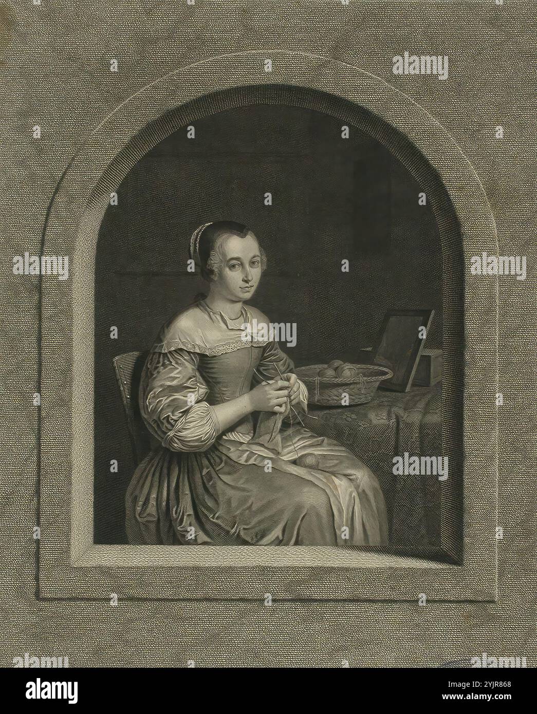 Wille, Johann Georg, Arbeit, niederländischer Weber, 1757, Kupferstich, Grafiken, Blattbreite 28,5 cm, Blatthöhe 40,3 cm, Bildbreite 27,6 cm, Bildhöhe 34,4 cm Stockfoto