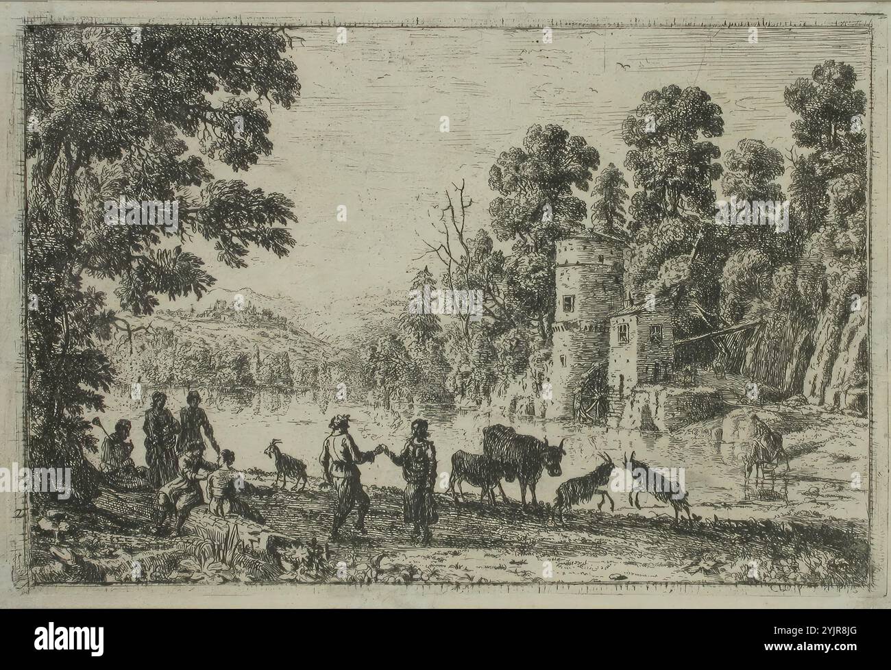 Lorrain, Claude, Arbeit, Tanz am See (in der Nähe der Wassermühle), (1000 - 2000), Linienätzung, Grafiken, Plattenbreite 19, 8 cm, Plattenhöhe 13,1 cm Stockfoto