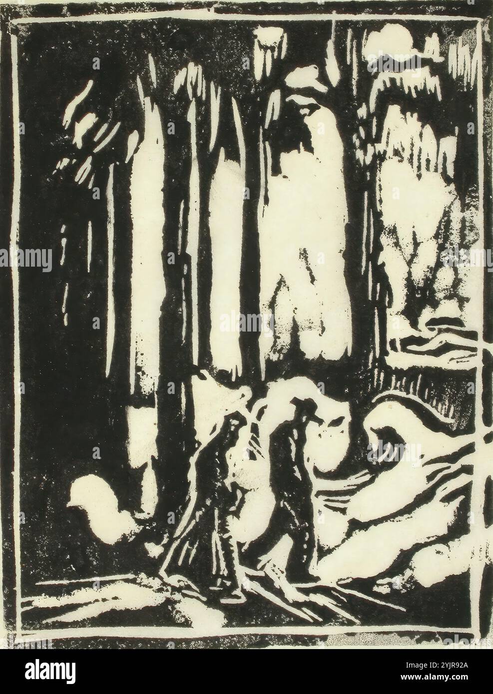 Henry Ericsson, ein finnischer Grafiker und dekorativer Maler Finnlands, Arbeit, Vaeltajat, Holzschnitt, Grafik, SZENE, Menschen, Wandern, Bäume, Tellerbreite 10,1 cm, Tellerhöhe 13,1 cm, Blattbreite 22 cm, Blatthöhe 28 cm, Carl August Henry Ericsson, 1898 in St. Michel, Finnland - 1933 in Borgå Stockfoto