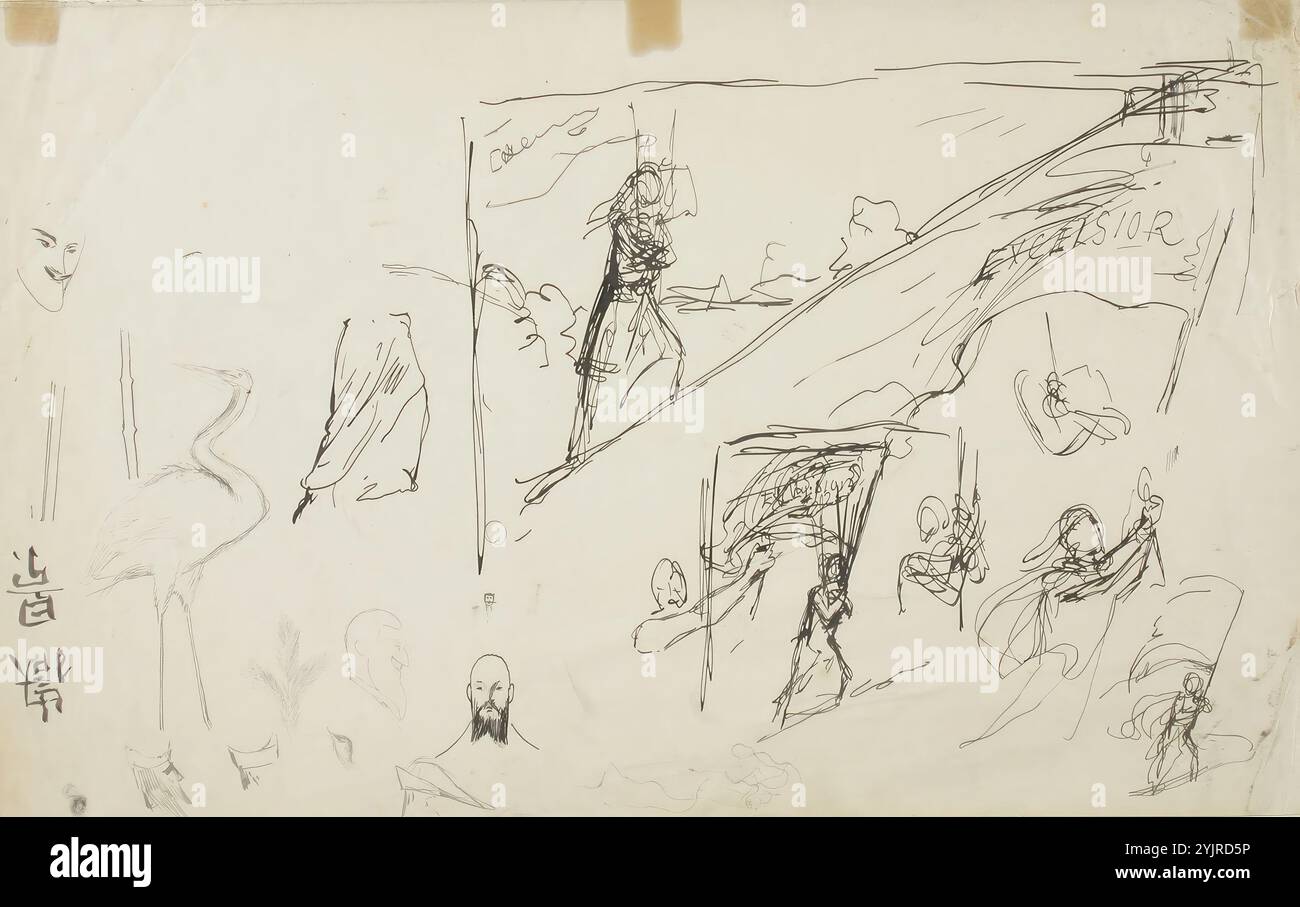 Edelfelt, Albert, Werk, Mann mit Fahne mit dem Text „Excelsior“, Kompositionsskizze, Marker, Zeichnung, 22,5 cm x 35,5 cm, Albert Gustaf Aristides Edelfelt 1854 – 1905, finnischer Maler. Malerei in naturalistischem Stil und mit realistischem Umgang mit Kunst. Lebt in Finnland Stockfoto